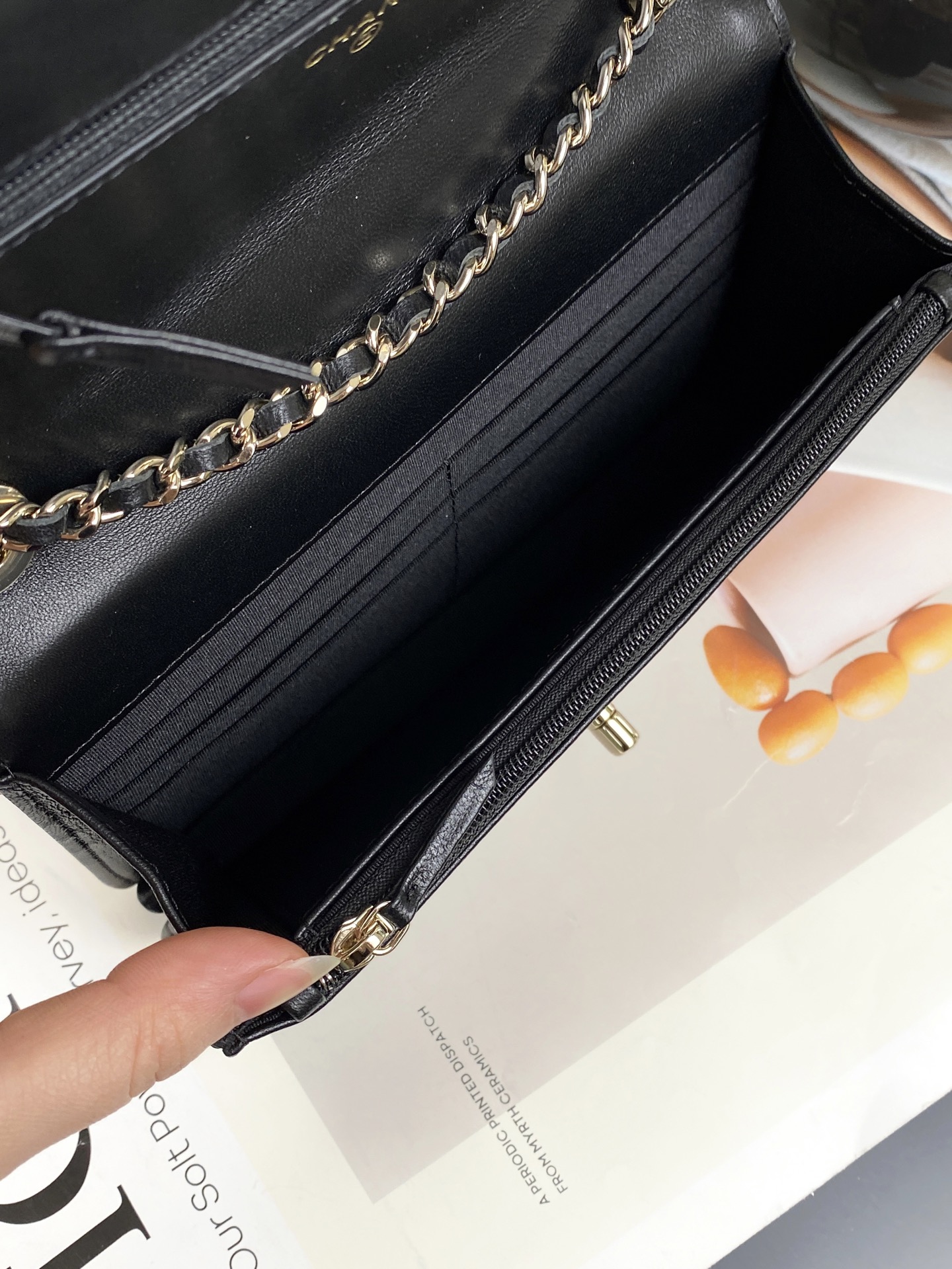 24C Trendy CC Wallet on Chain (WOC) with Handle in Black Lambskin with Crystal CC Gold Hardware (Model AM7652) - Mocuir