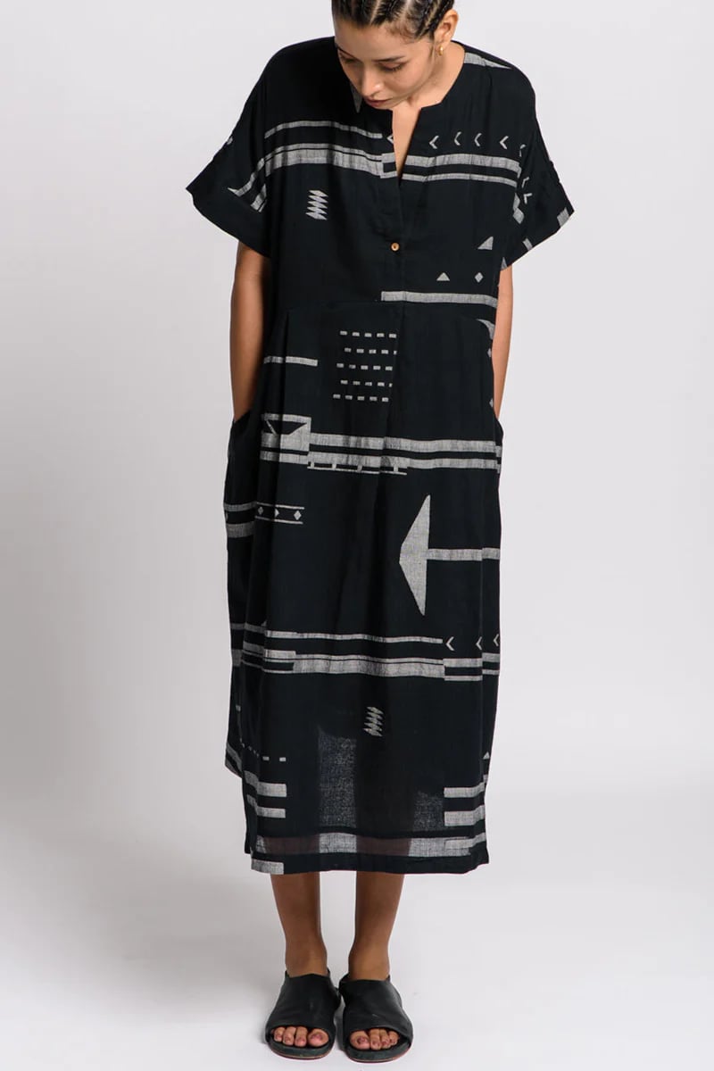 V Neck Short Sleeve Print Pocket Straight Casual Linen Midi Dress