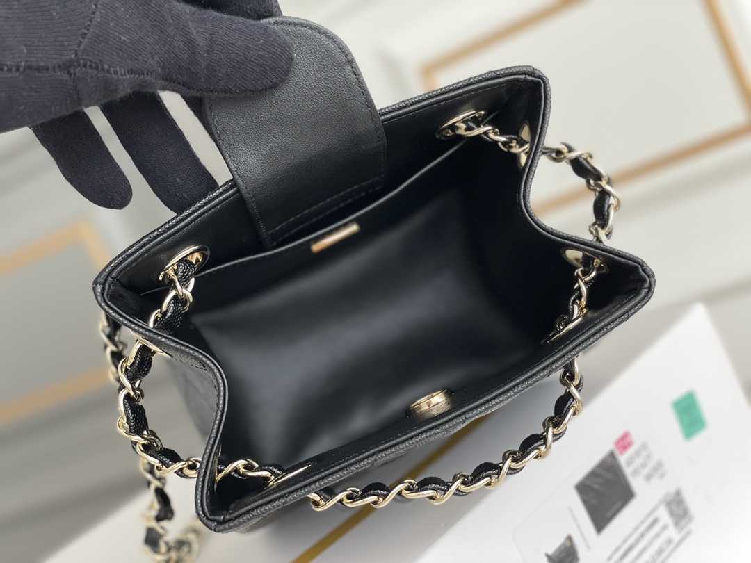 23P Mini Bucket Tote Bag in Black Quilted Grained Calfskin (Caviar) with Silver-Tone Hardware (Model AS3176) - Mocuir