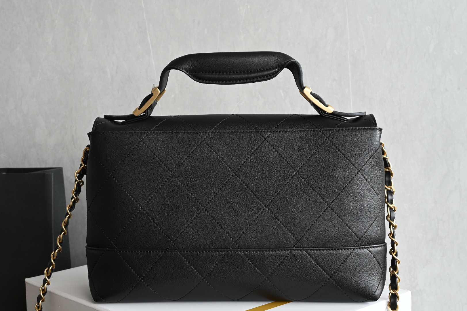 Top Handle Flap Bag (Handle Messenger Bag) in Black Quilted Calfskin with Light Gold-Tone Hardware - Mocuir