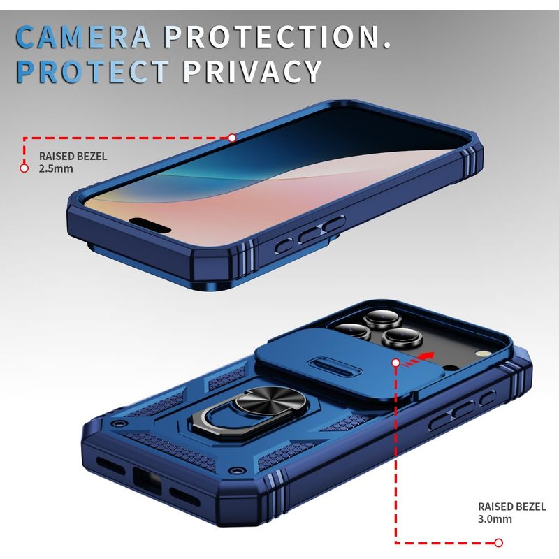 Case for iPhone 17 Pro Max, Kickstand & Camera Cover, Blue