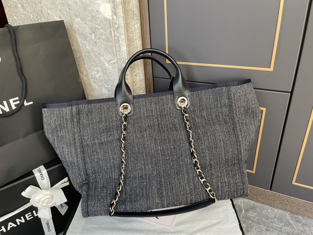 Deauville Large Quilted Denim Canvas Tote Bag with Gold-Tone Hardware - Mocuir