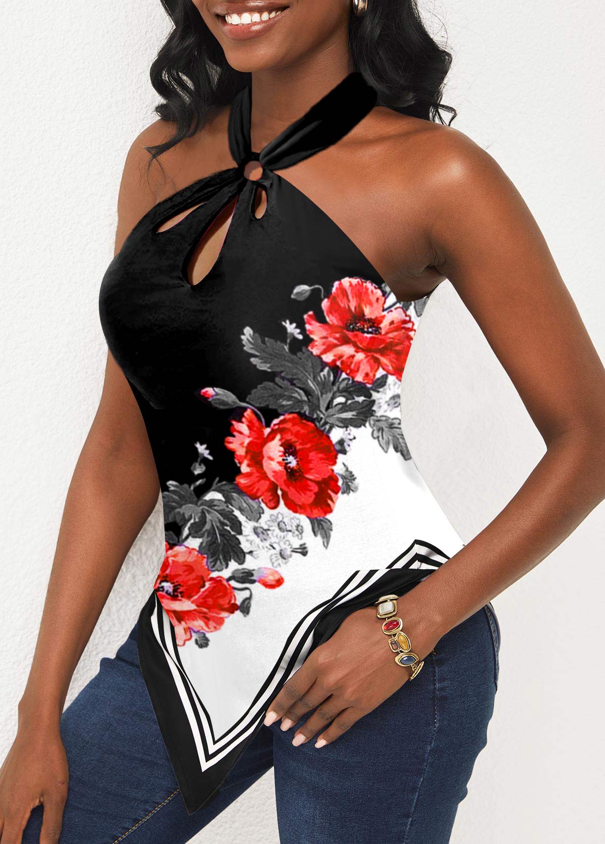 Halter Floral Print Black Asymmetric Hem Tank Top