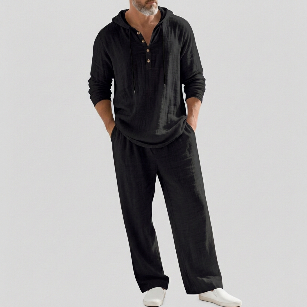 Men's Casual Drawstring Hooded Long Sleeve Shirts & Straight Leg Pants 2Pcs Set