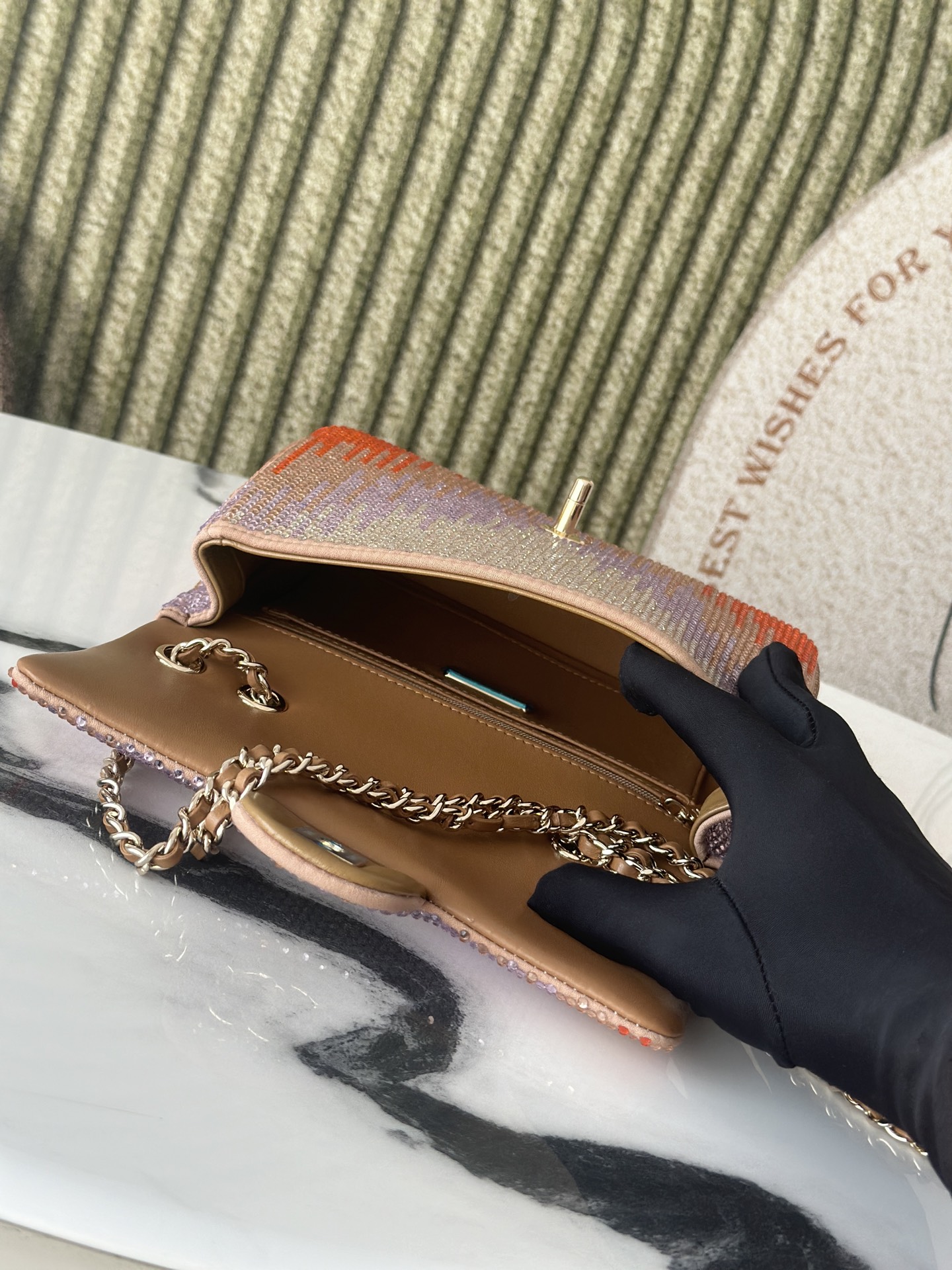 Classic Flap Mini Bag in Nude Plaid Strass Crystal Embellished Suede (Gold Hardware) - Mocuir