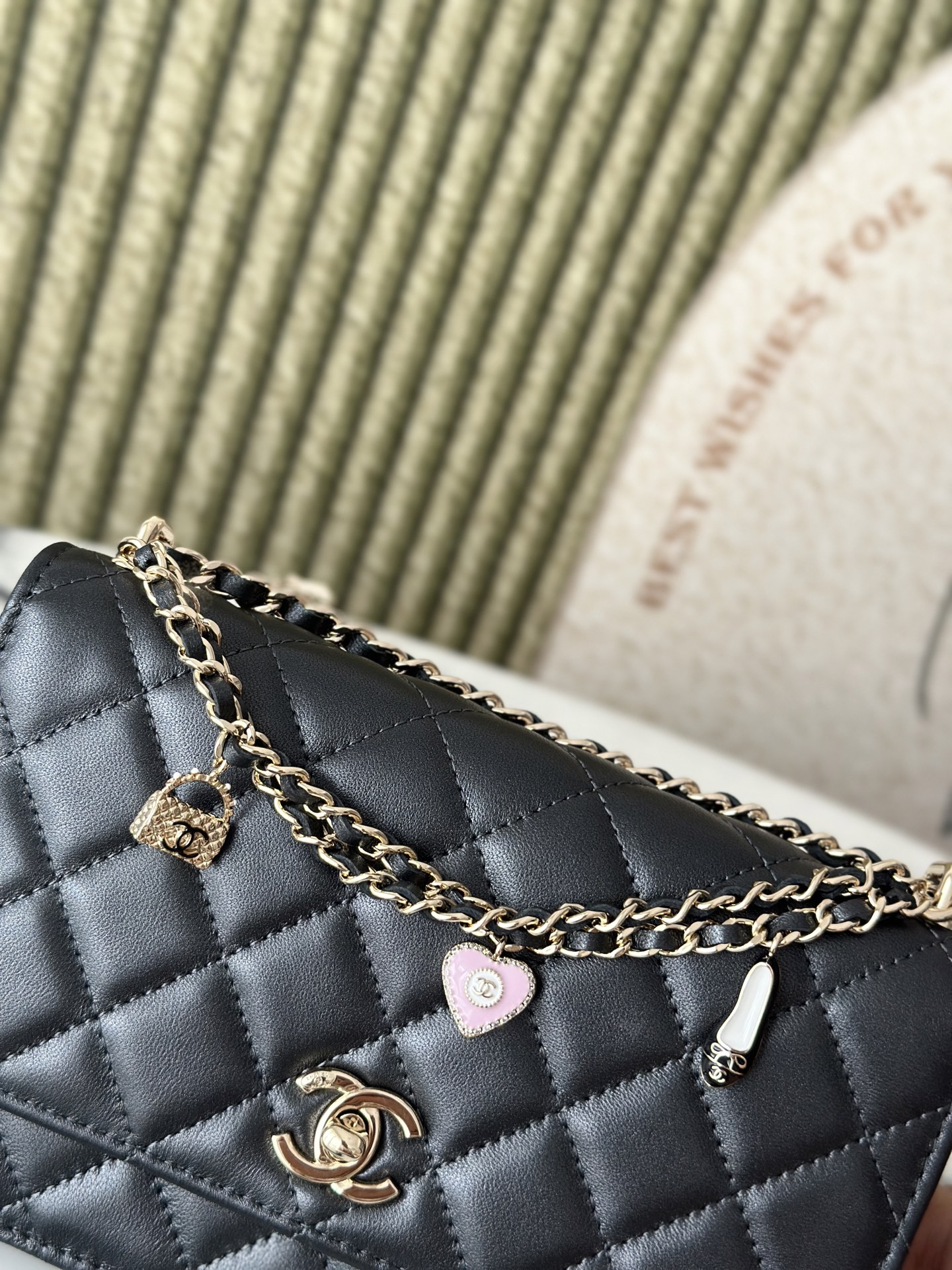 Wallet on Chain with Valentine Charms (AP3984) in Black Lambskin with Gold-Tone Hardware - Mocuir