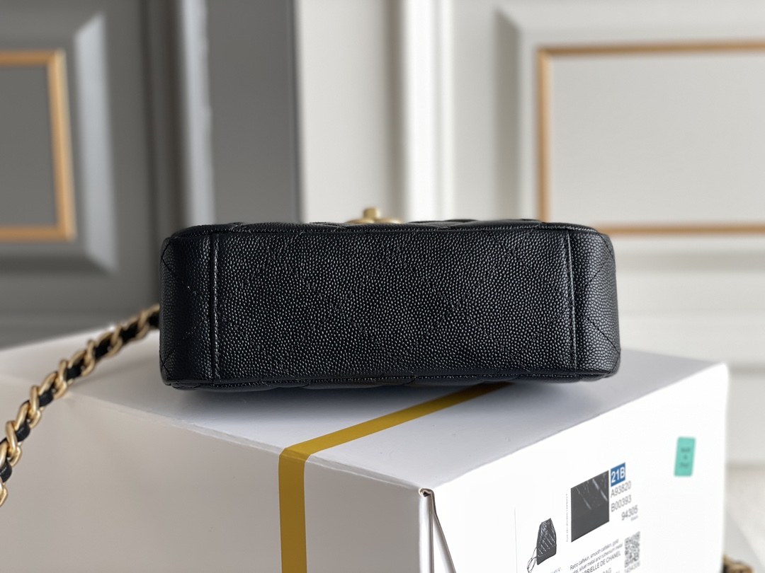 Classic Flap Mini Bag with Chain Handle in Black Quilted Grained Calfskin (Caviar) with Light Gold-Tone Hardware (Model AS5701) - Mocuir