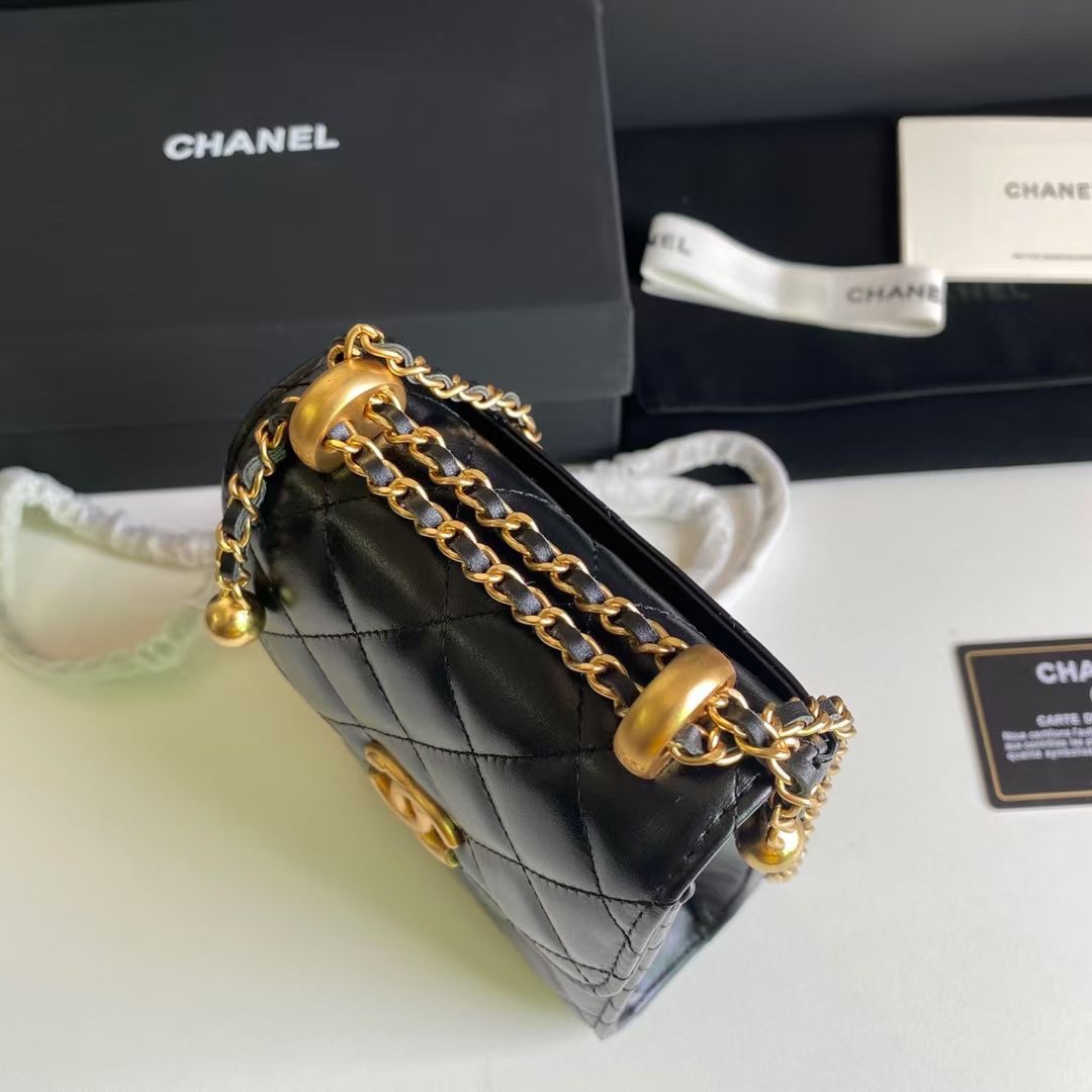 Classic Quilted Lambskin Phone Holder with Gold Ball Chain in Black (Gold Hardware) - Mocuir