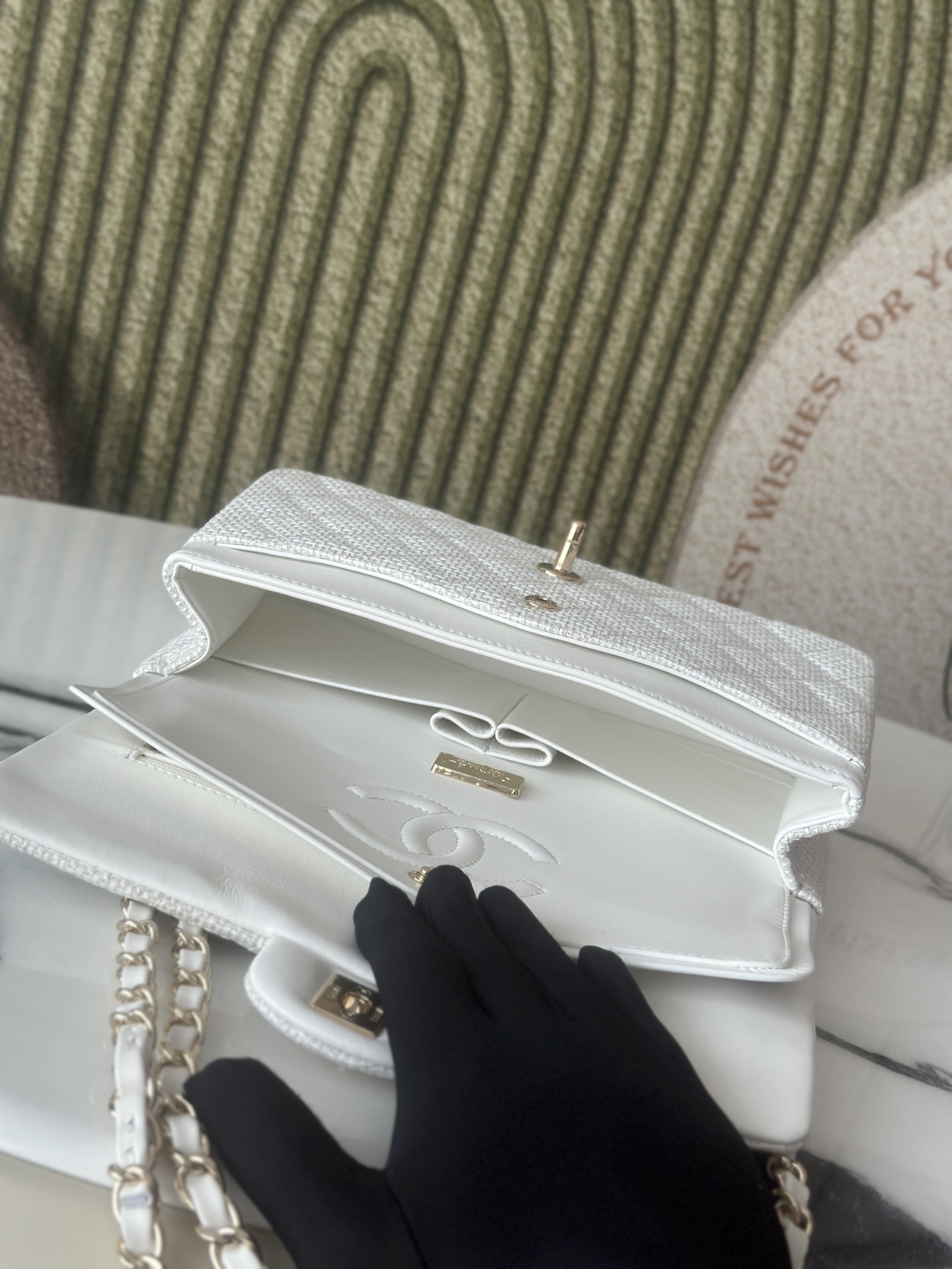 Classic Double Flap Bag in White Tweed with Light Gold Hardware (Model A01112  A69900) - Mocuir