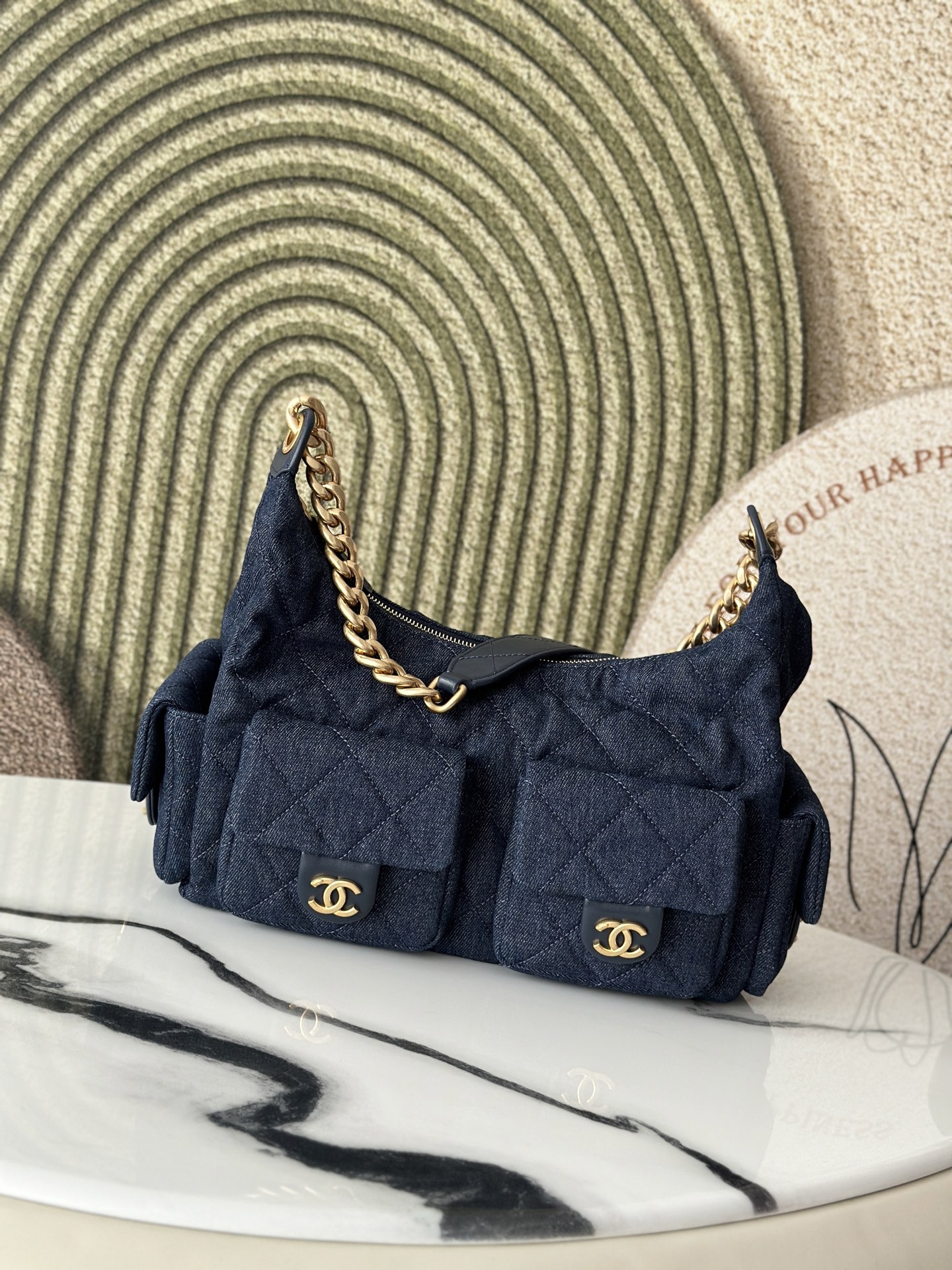 Dark Blue Denim Multi-Pocket Hobo Bag with Gold Hardware - Mocuir