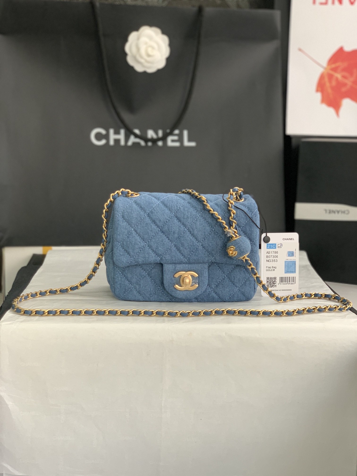 22C Classic Mini Flap Bag (Square) with Adjustable Ball Chain in Washed Denim Blue, Chevron Quilted, Gold-Tone Hardware - Mocuir