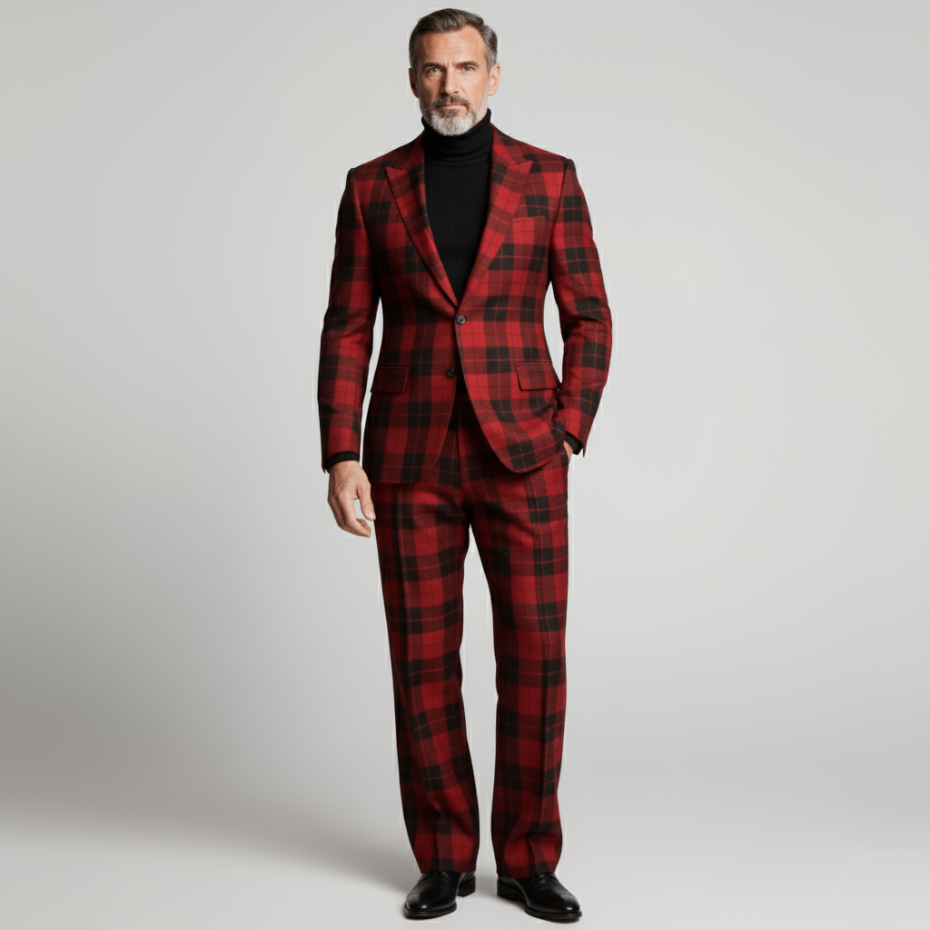 Men's Business Red Peak Lapel Button Long Sleeve Plaid Blazer & Pants 2Pcs Set