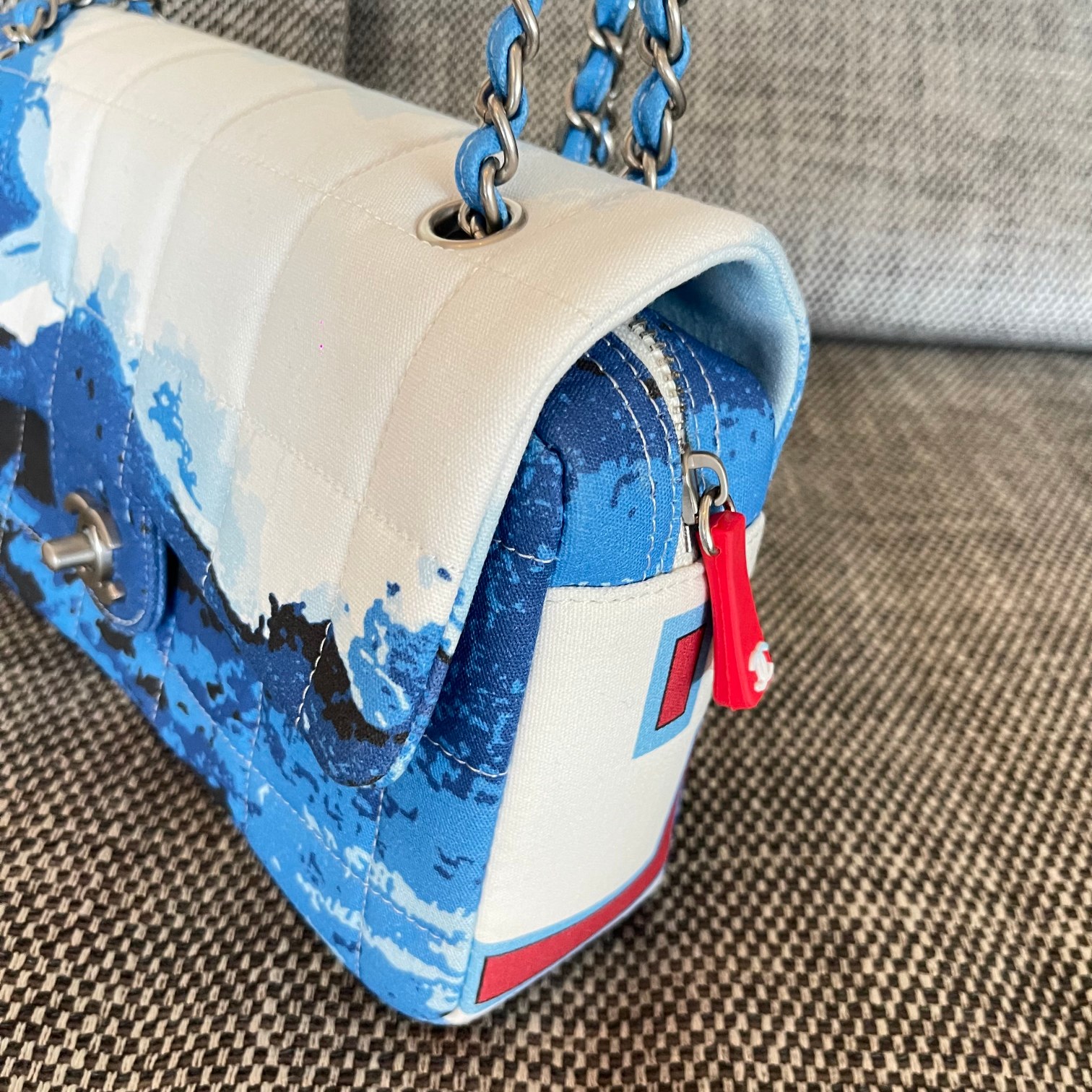 Classic Flap Handbag in Blue-White Ski Print Canvas with Silver-Tone Hardware - Mocuir