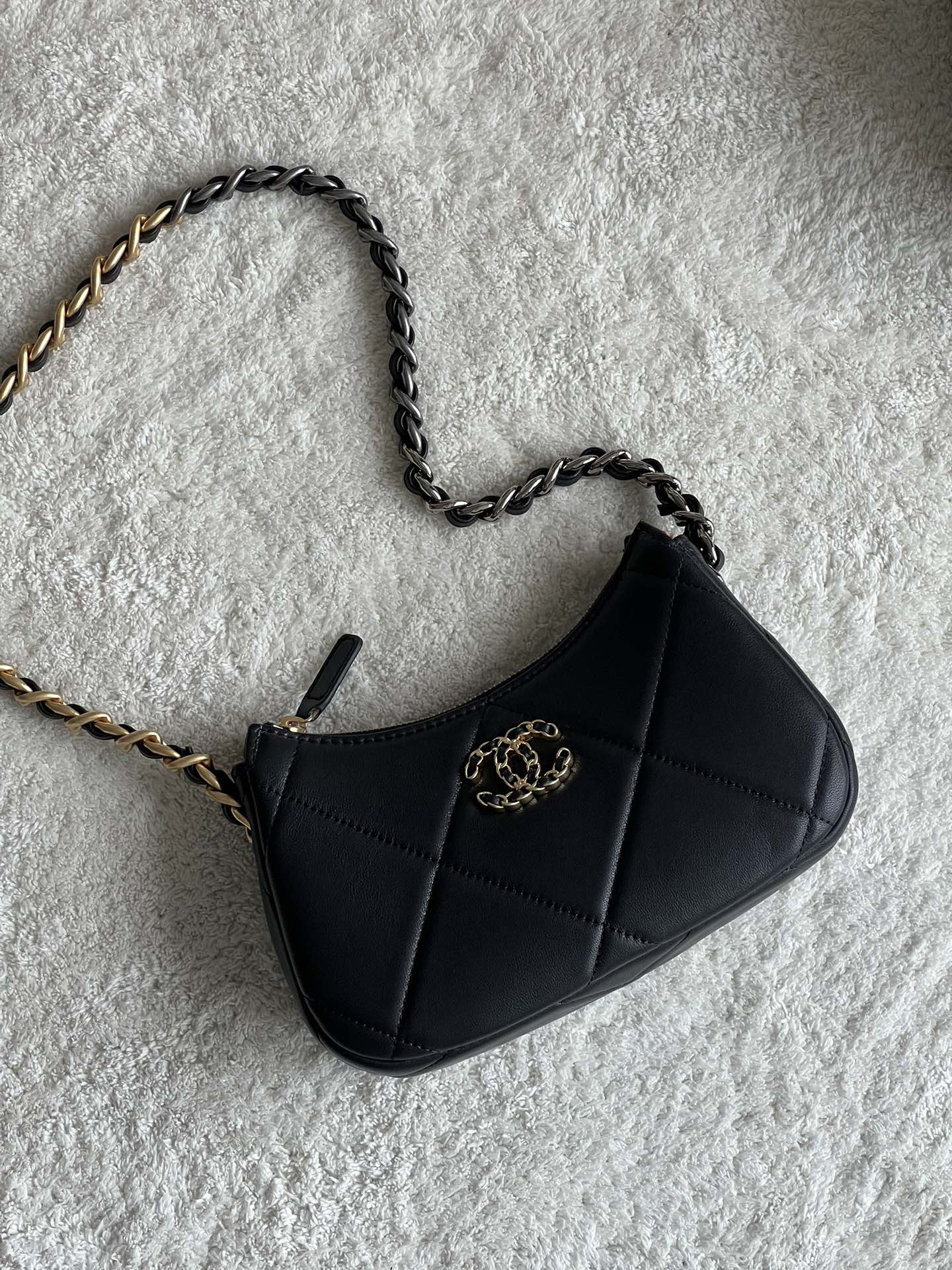 19 Half Moon Hobo Bag in Black Quilted Lambskin with Gold-Tone and Ruthenium-Finish Hardware - Mocuir