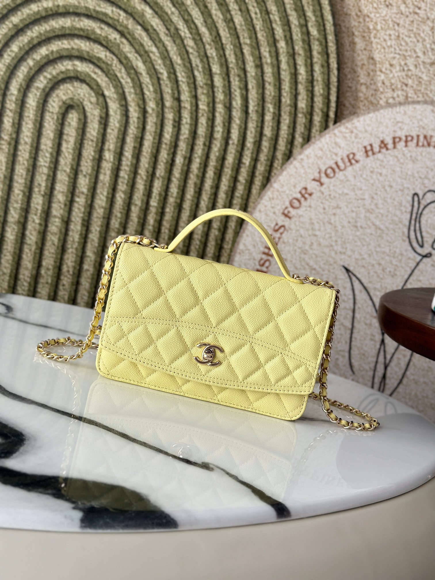 Classic Flap Mini Bag with Top Handle in Lemon Yellow Caviar Leather with Light Gold Hardware (Model AP3341) - Mocuir