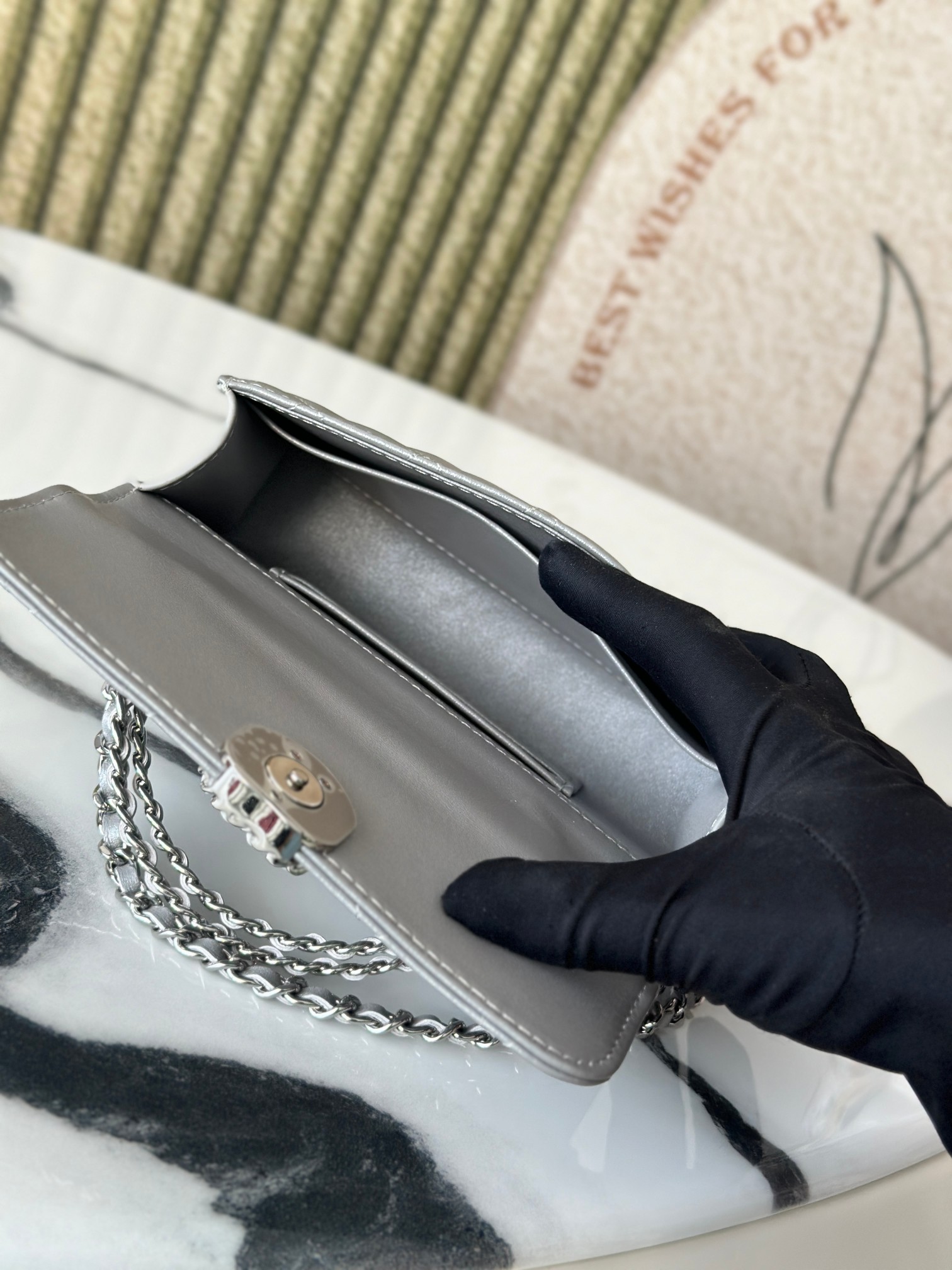 23P Top Handle Kelly Clutch with Chain in Metallic Silver (Silver Hardware) - Mocuir