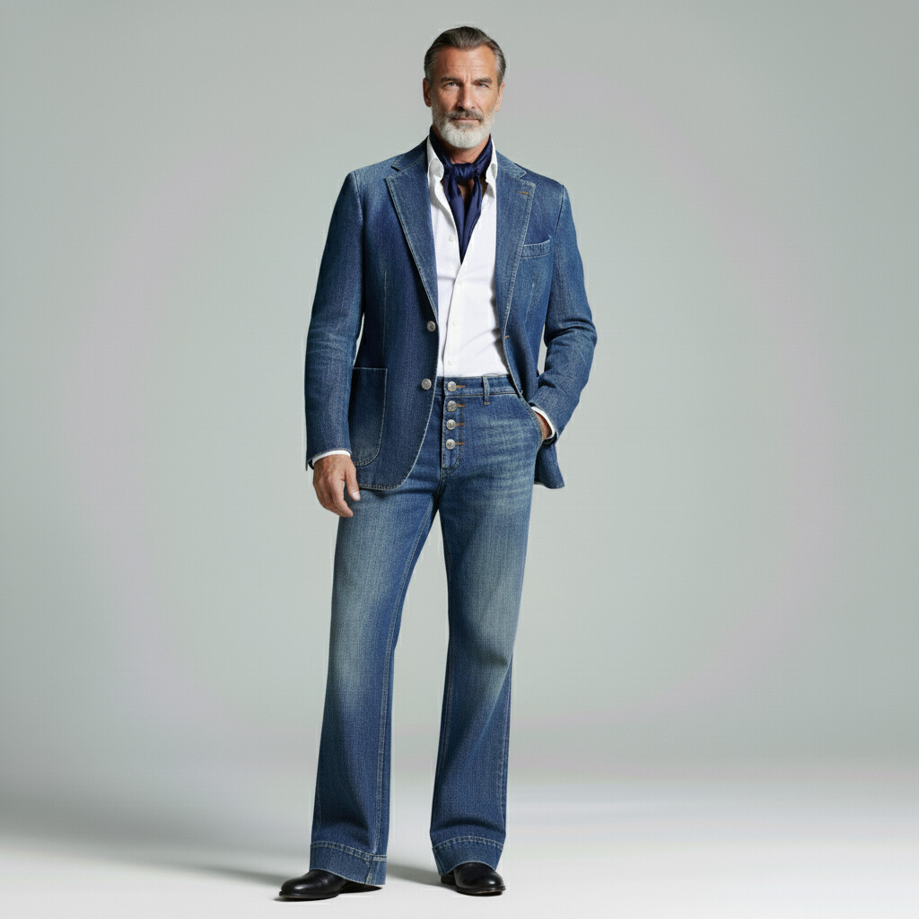 Men's Retro Blue Denim Notched Lapel Two Button Blazer & Flare Jeans 2Pcs Set