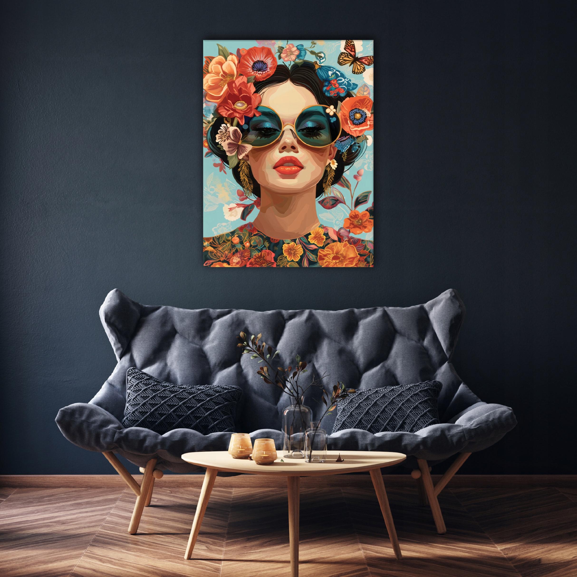 Painting of a woman's face with flowers in a retro style, perfect for the bedroom or living room, on canvas, 40x30