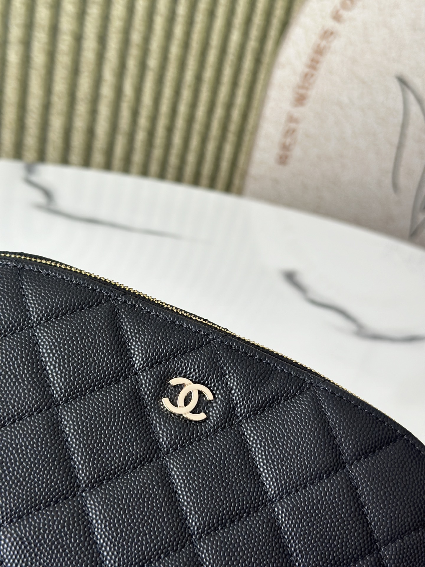 Classic Quilted Caviar Curvy Pouch Cosmetic Case in Black with Gold-Tone Hardware - Mocuir