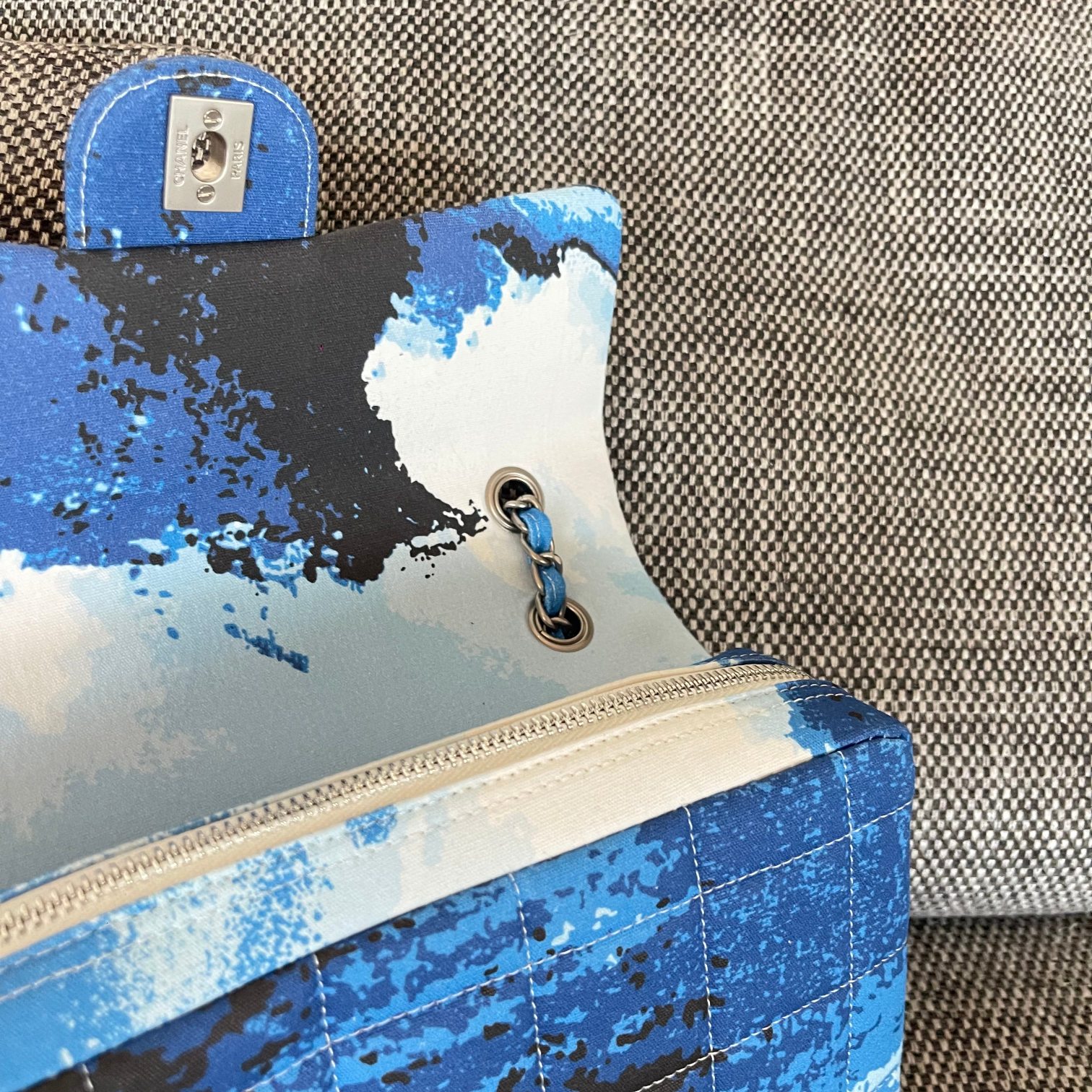 Classic Flap Handbag in Blue-White Ski Print Canvas with Silver-Tone Hardware - Mocuir