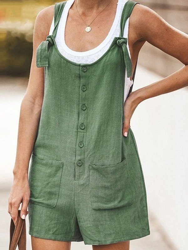 Ladies Spring/Summer Solid Color Round Neck Button Loose Short Jumpsuit