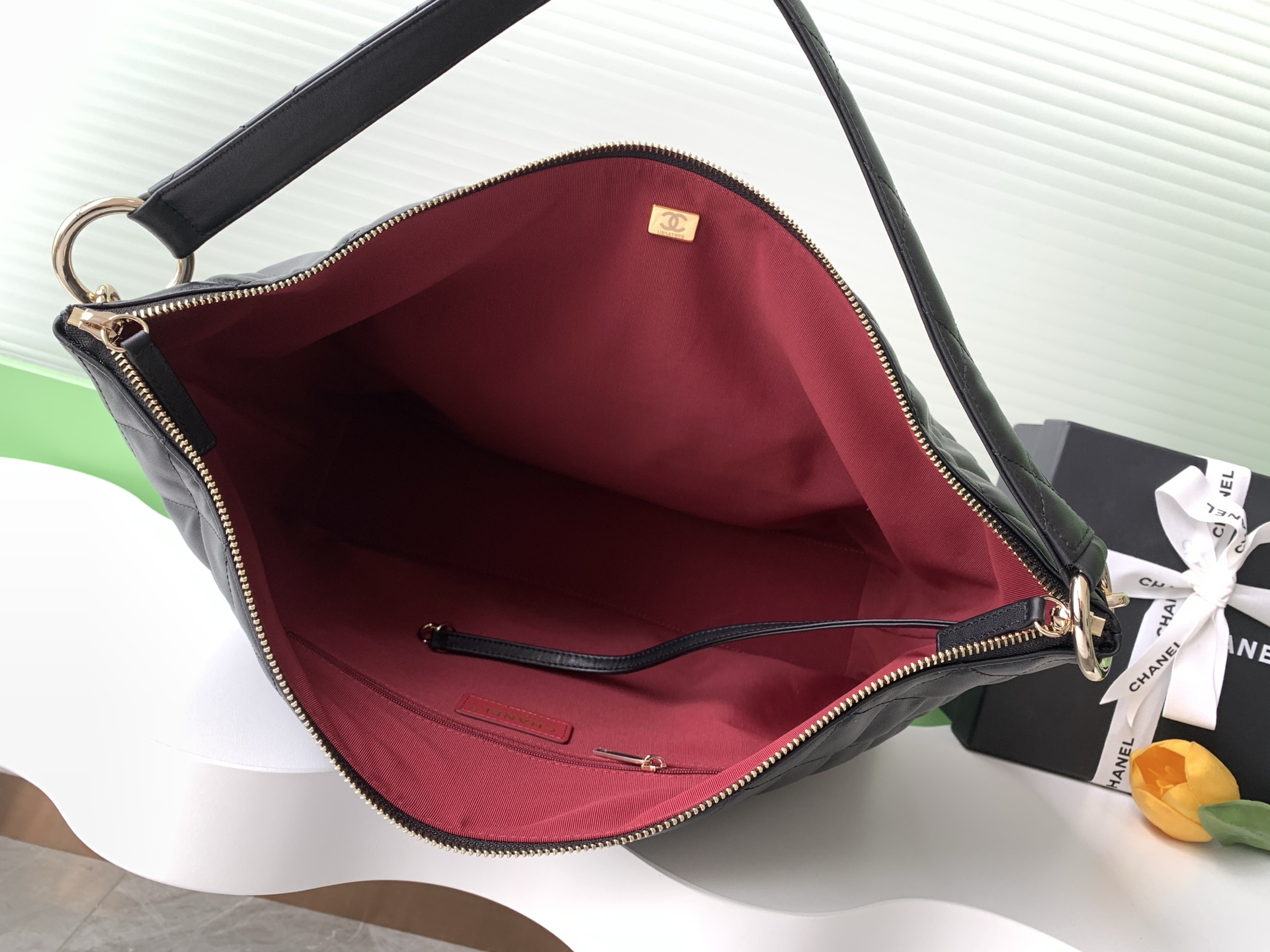 Large Hobo Travel Bag in Black Quilted Calfskin with Light Gold-Tone Hardware - Mocuir