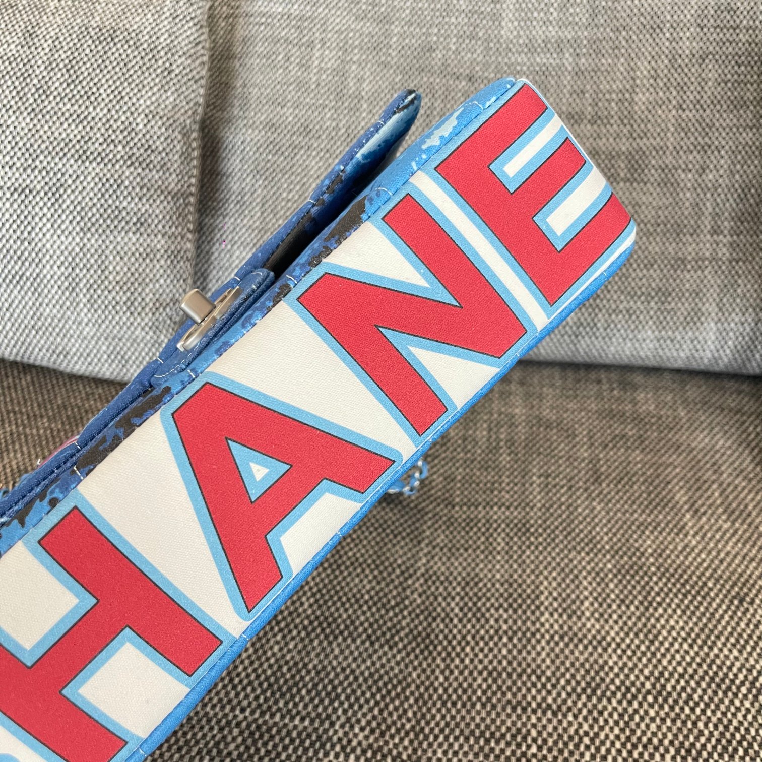 Classic Flap Handbag in Blue-White Ski Print Canvas with Silver-Tone Hardware - Mocuir