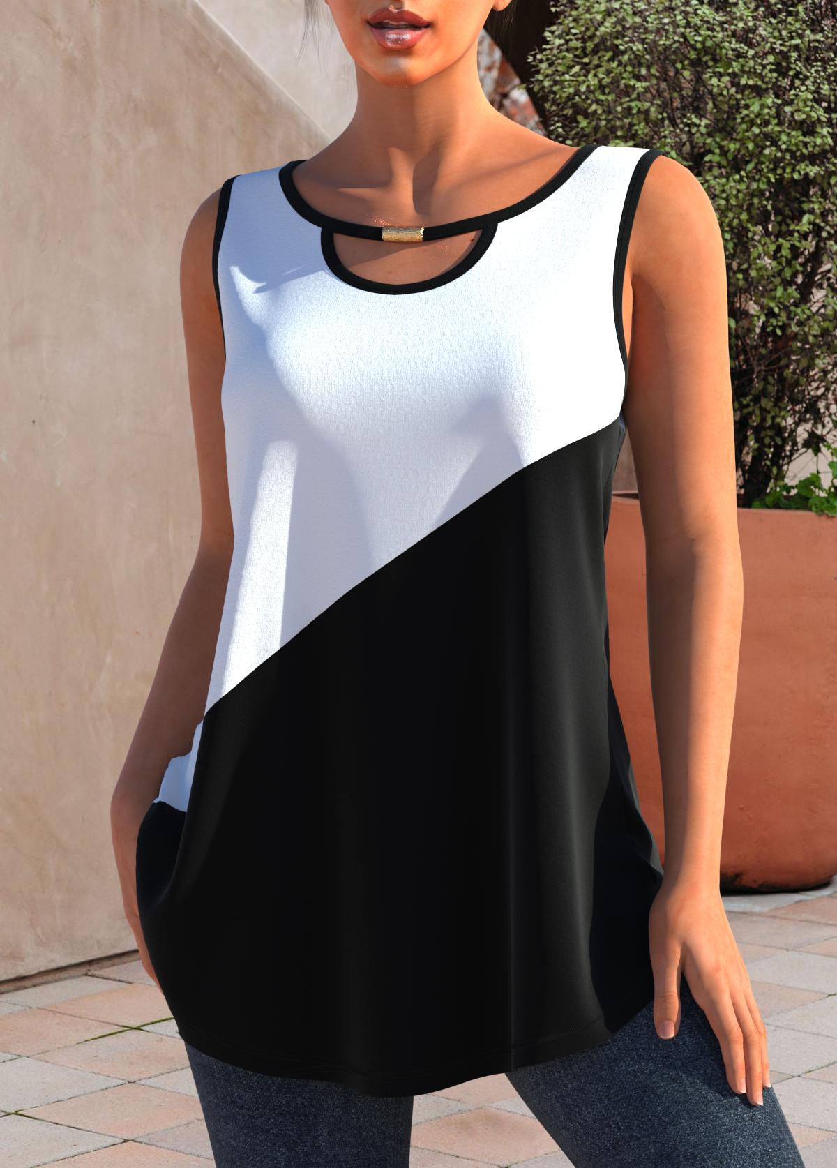 Color Block Cutout Neck Tank Top