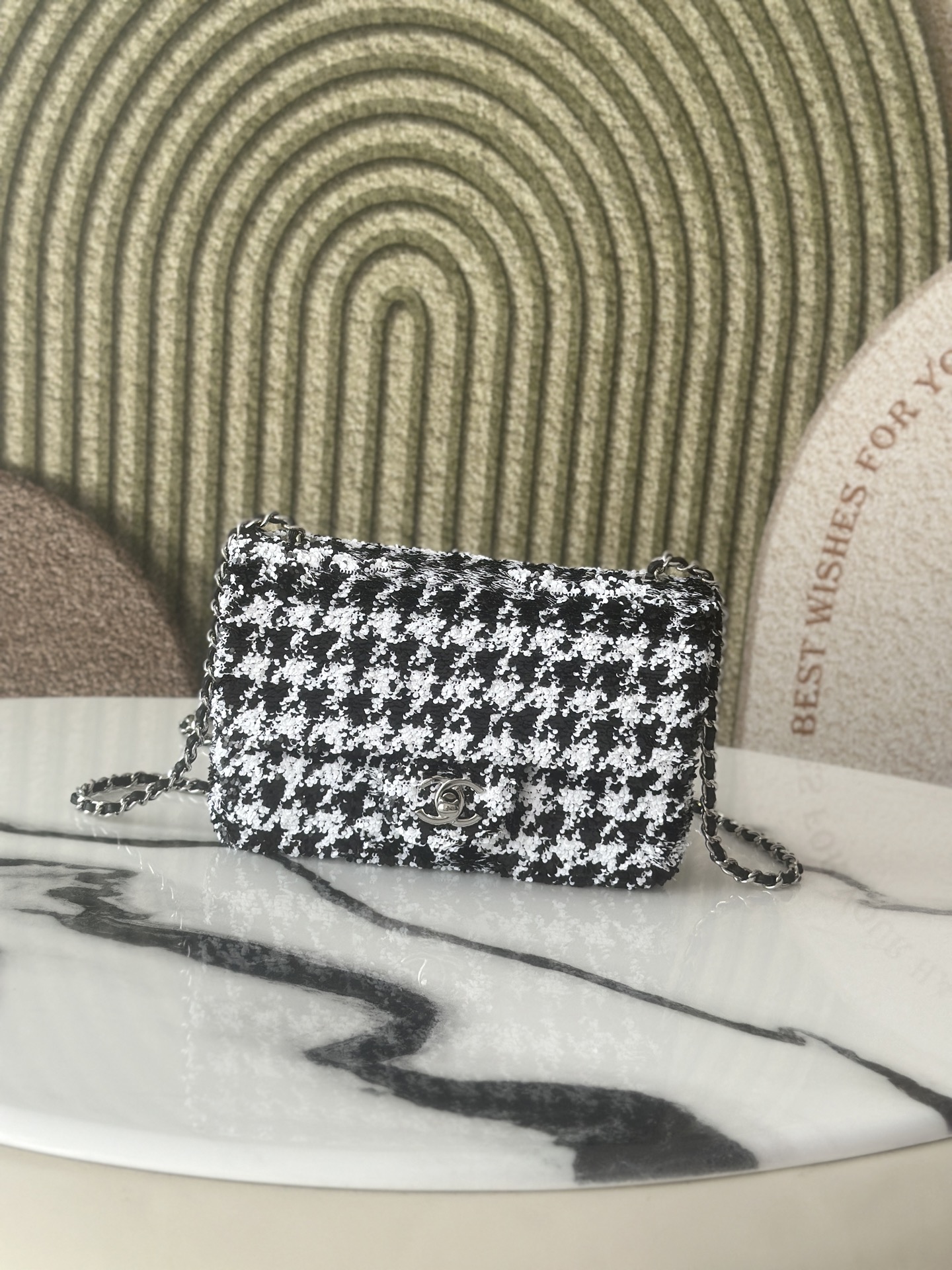 Limited Edition Black & White Houndstooth Sequin Mini Classic Flap Bag - Mocuir