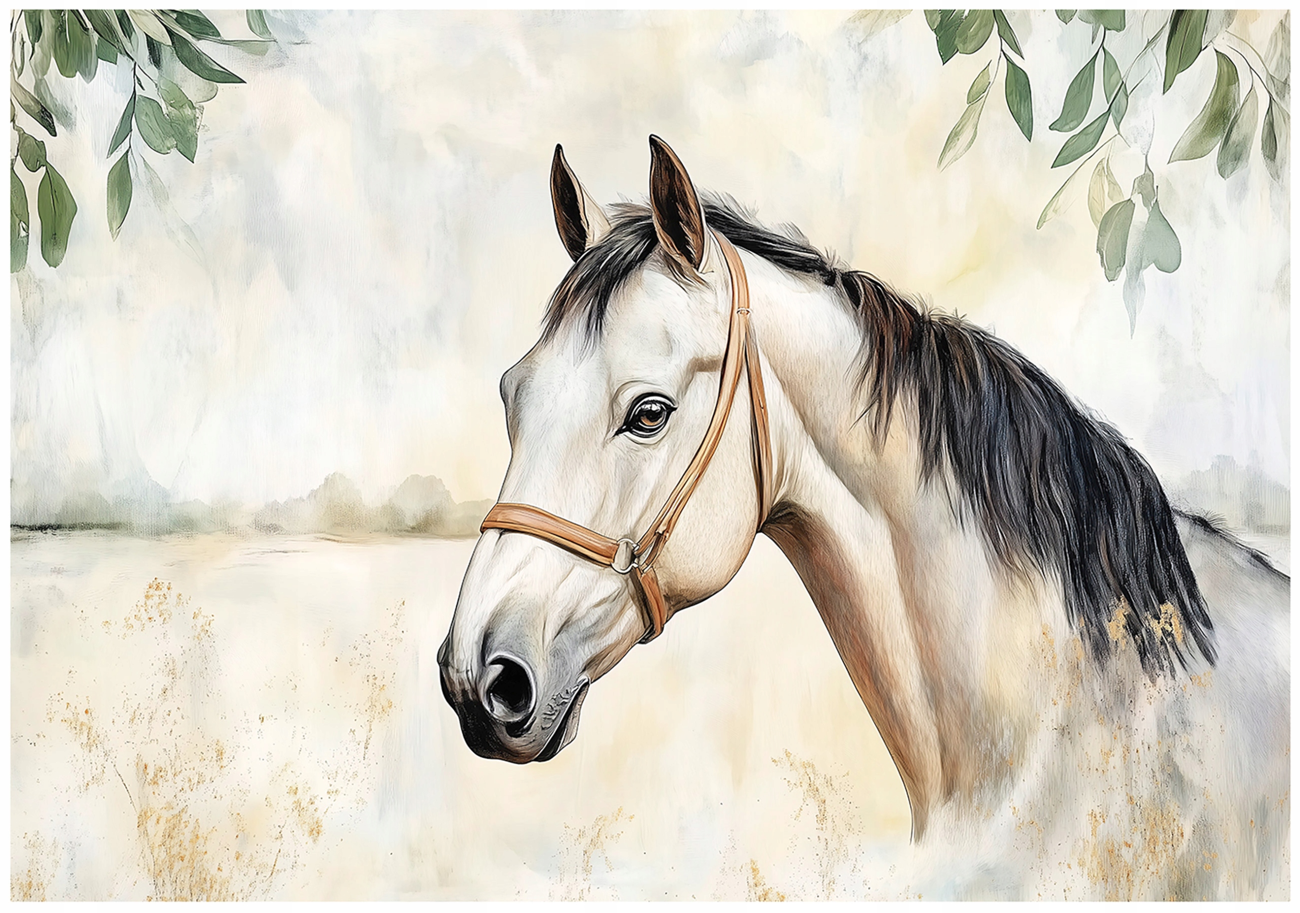 Photo wallpaper featuring a horse and leaves, concrete-style, for the bedroom or living room, non-woven