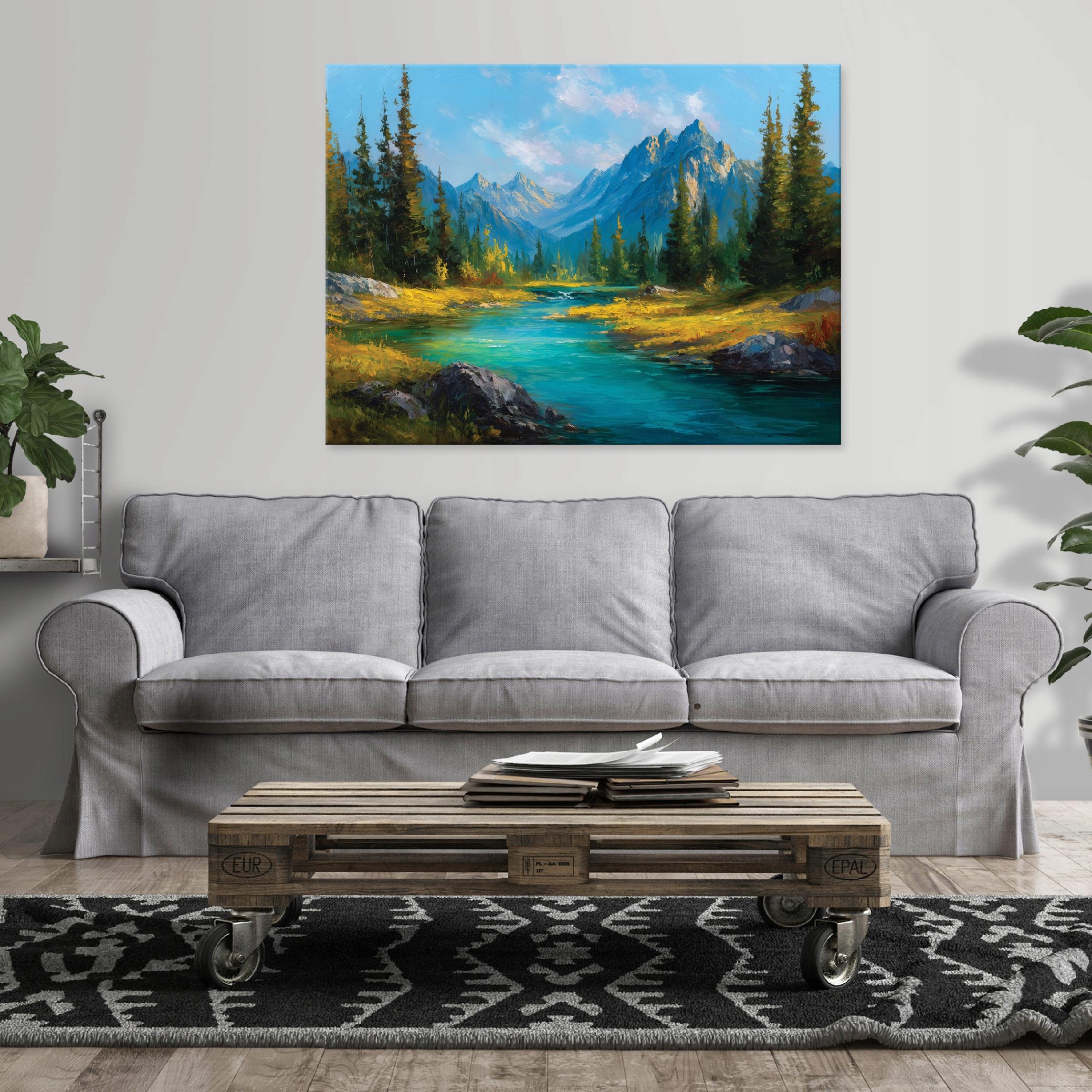 Painting of mountains, nature, forest, river, and landscape for a bedroom or living room on canvas, 40x30