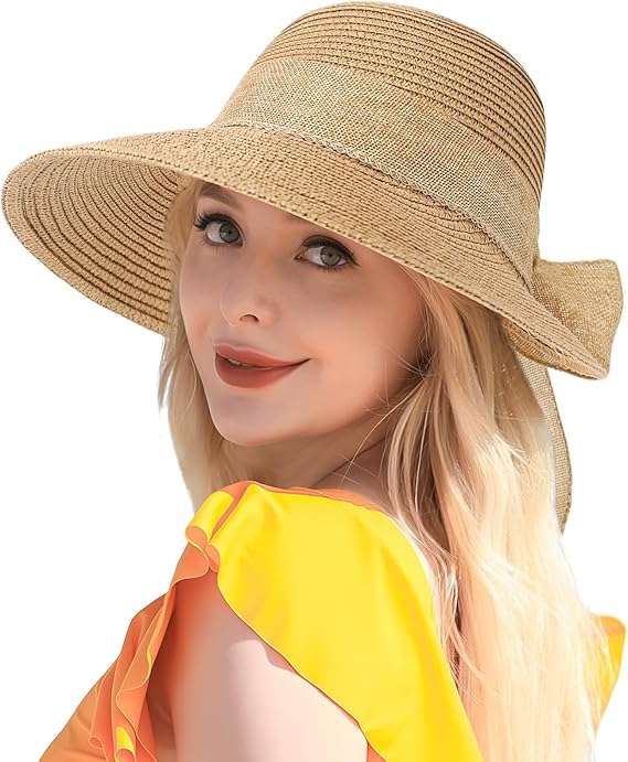 Beach Sun Straw Hats for Women, UPF 50+ UV Sun Protection Wide Brim Summer Straw Hat Foldable Packable Roll up Cap