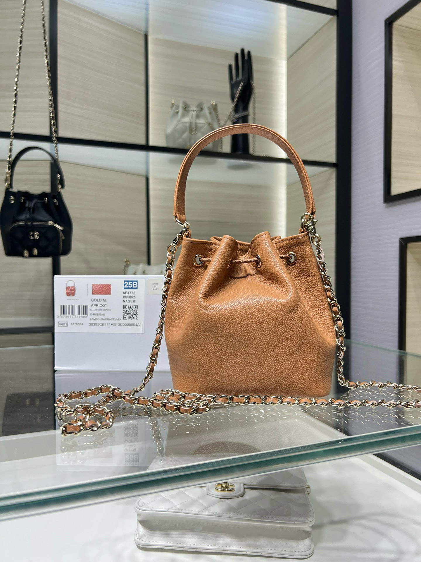 Small Drawstring Bucket Bag in Apricot Quilted Grained Calfskin with Gold-Tone Metal (Model AP4775) - Mocuir