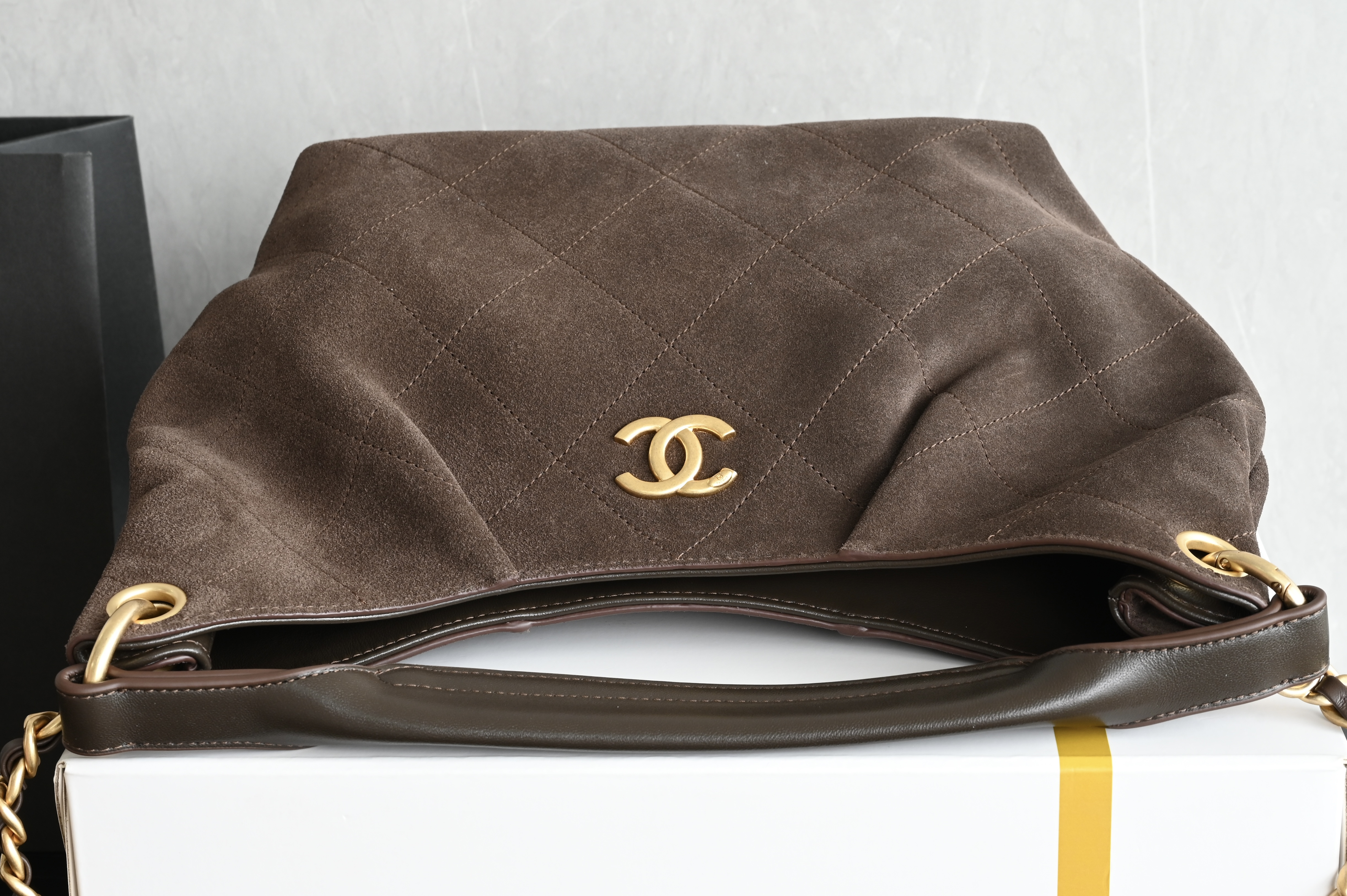 26C Hobo Shoulder Bag in Dark Brown Quilted Suede Calfskin with Light Gold-Tone Hardware - Mocuir