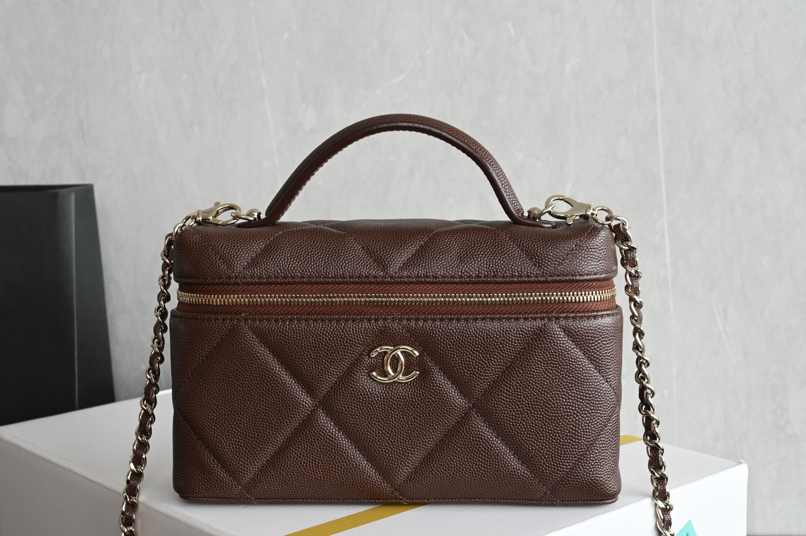 Small Vanity Case in Dark Brown Quilted Caviar Calfskin with Light Gold-Tone Hardware - Mocuir