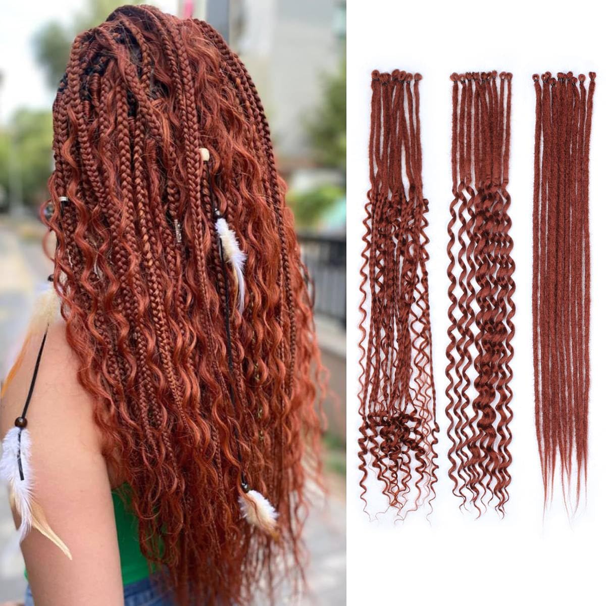 24 Inch 3 In 1 Dreadlock Extensions Sets, 30 Strands Mixed Copper Red Synthetic SE Dreads Extensions, 100% Handmade Soft Single Ended Curly Boho Wavy Dreads for Girls