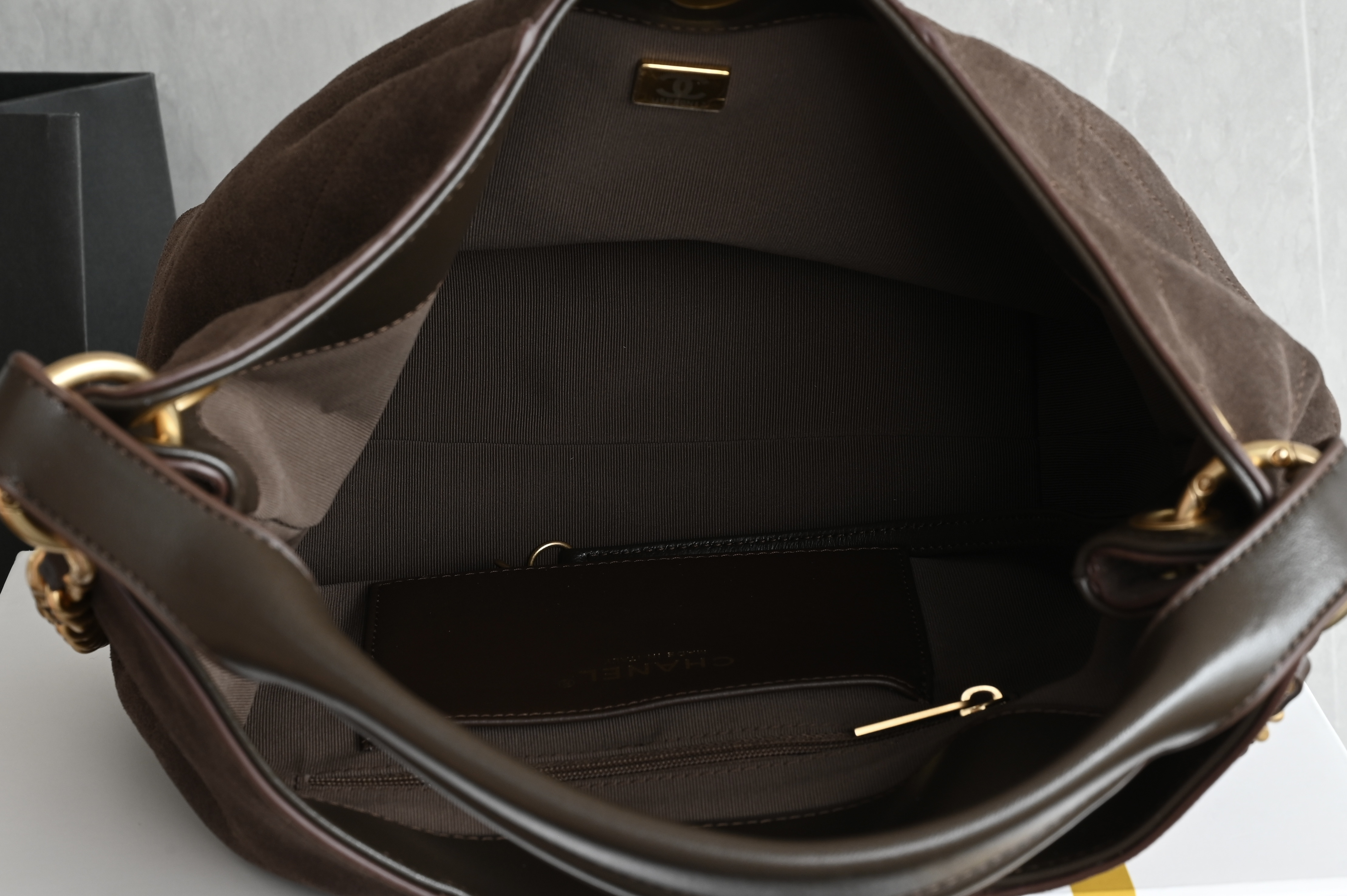 26C Hobo Shoulder Bag in Dark Brown Quilted Suede Calfskin with Light Gold-Tone Hardware - Mocuir