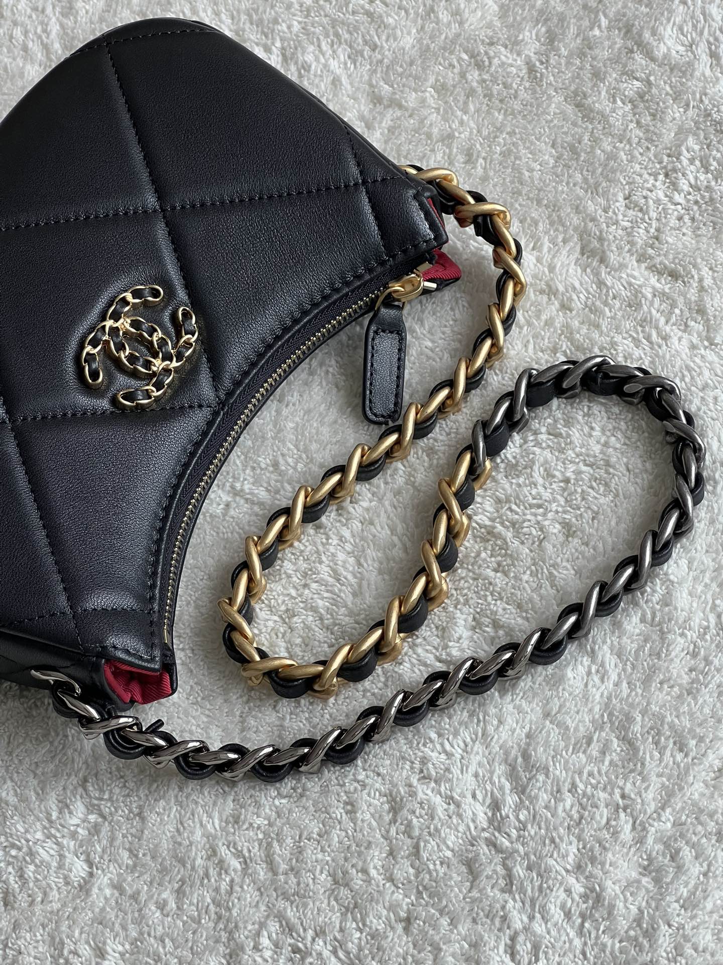 19 Half Moon Hobo Bag in Black Quilted Lambskin with Gold-Tone and Ruthenium-Finish Hardware - Mocuir