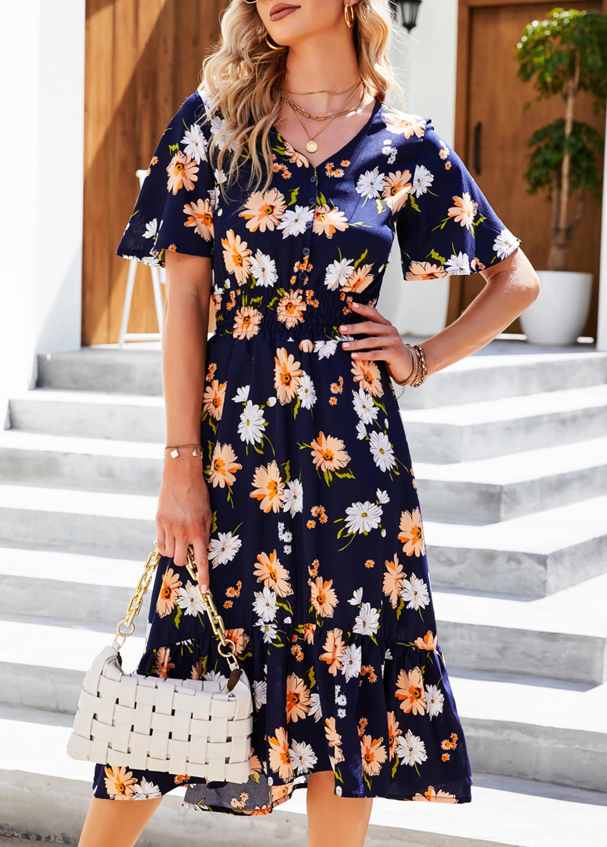 Navy Blue Smocked Floral Print Flounce Dress