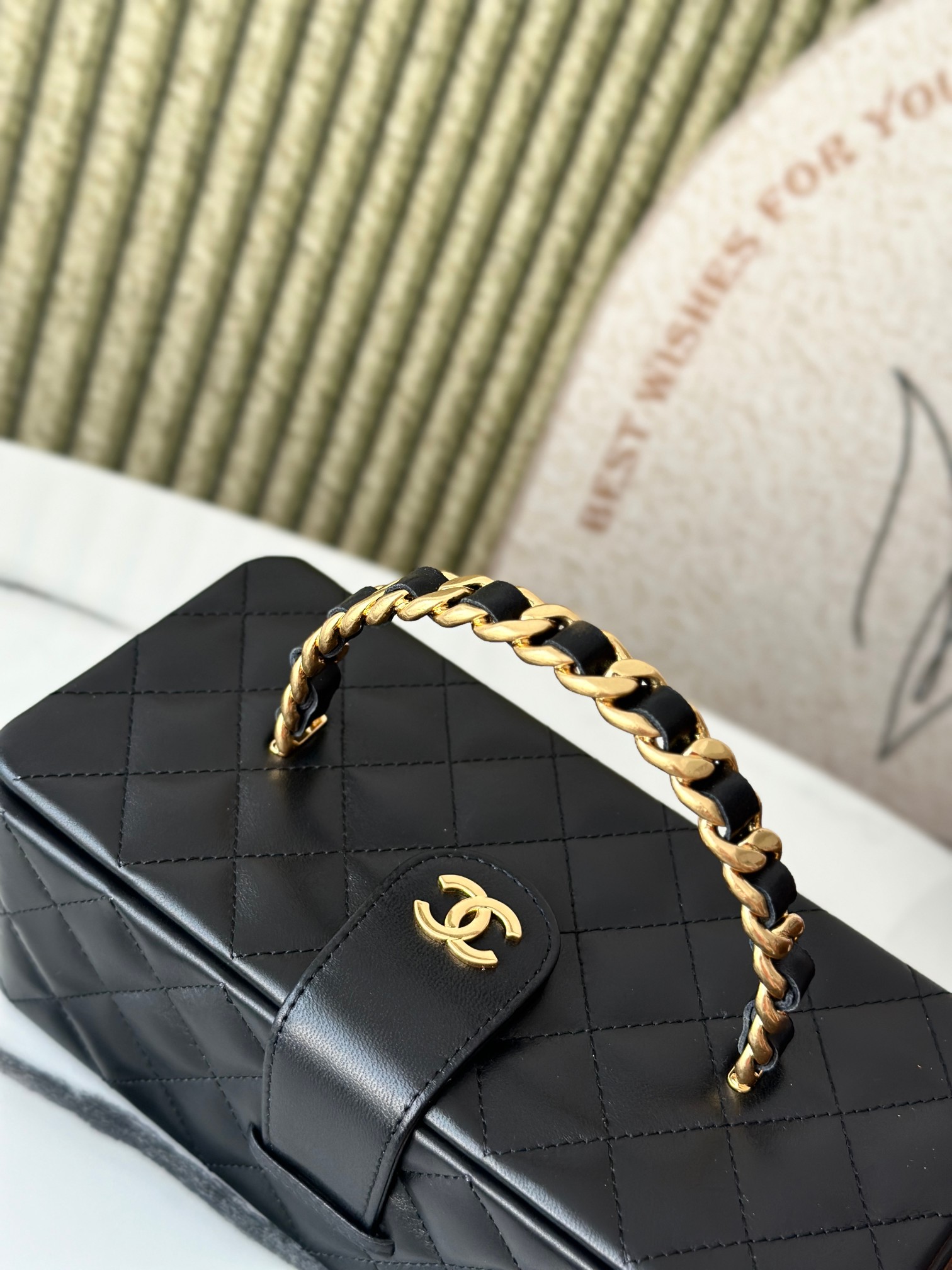 Black Lambskin Quilted Long Vanity Case with Chain Handle - Mocuir