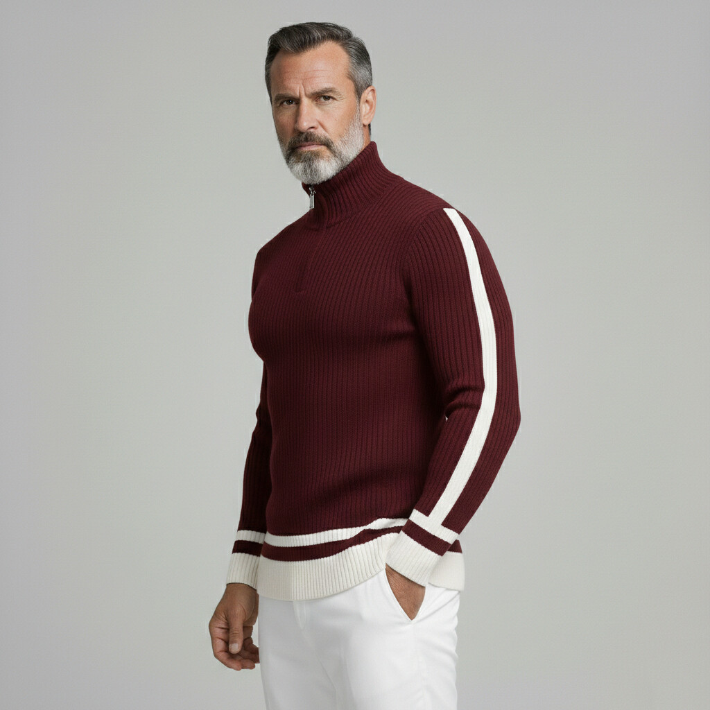 [Pre-Order] Men's Casual Burgundy Contrast Binding Half Zip Stand Collar Long Sleeve Knit Sweaters