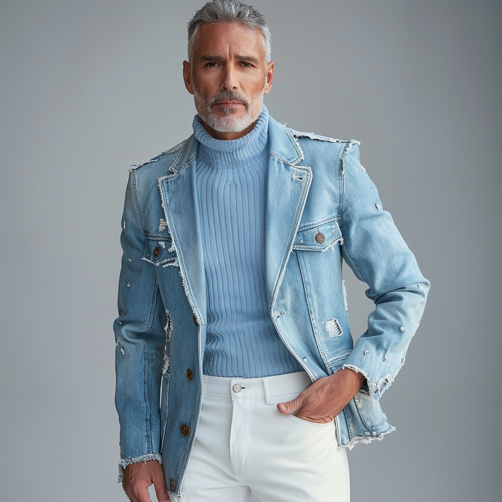 Men's Casual Lapel Collar Single Breasted Ripped Denim Raw Trim Jacket