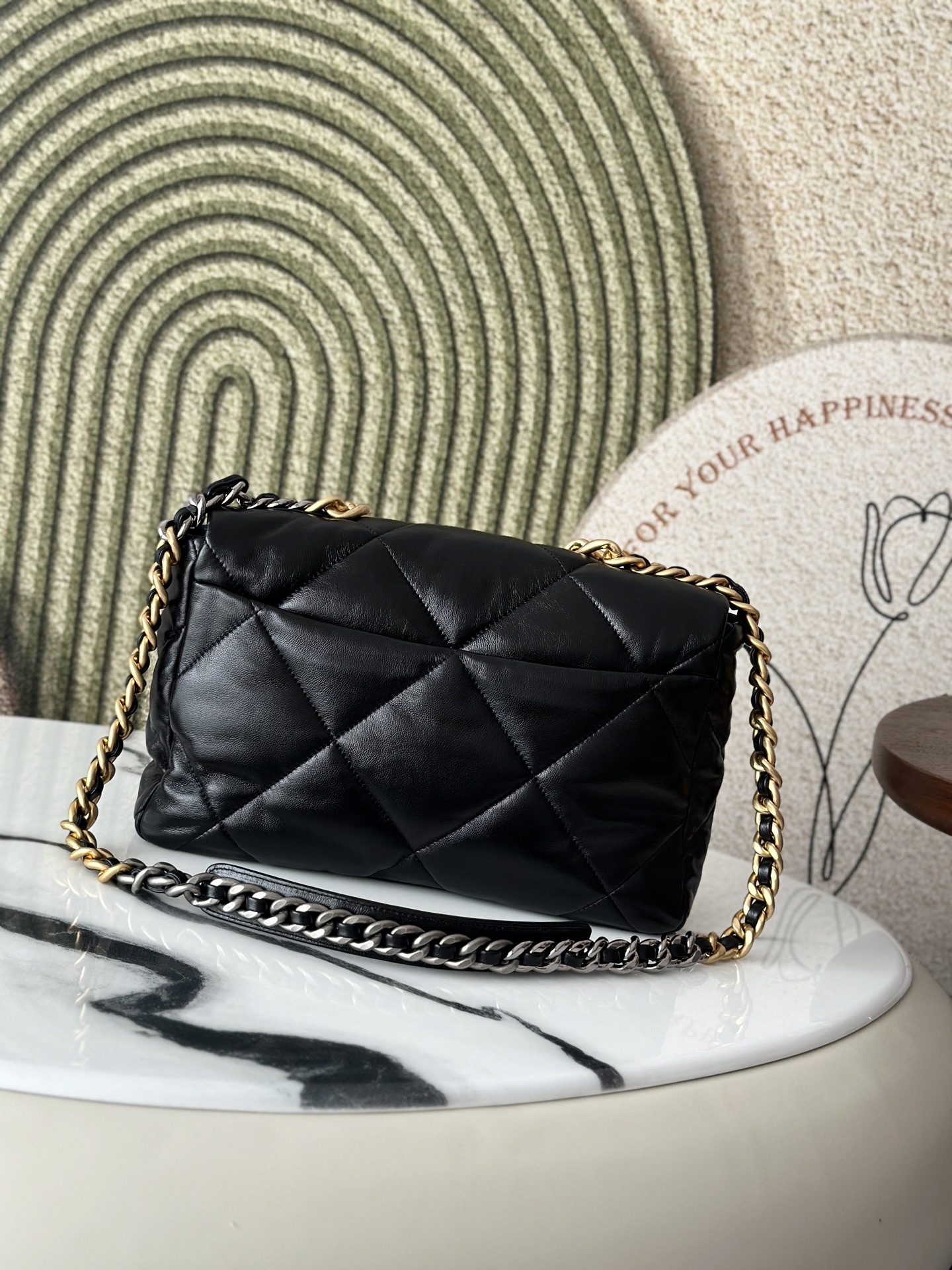 19 Black Goatskin Quilted Flap Bag with Mixed Metal Hardware - Mocuir