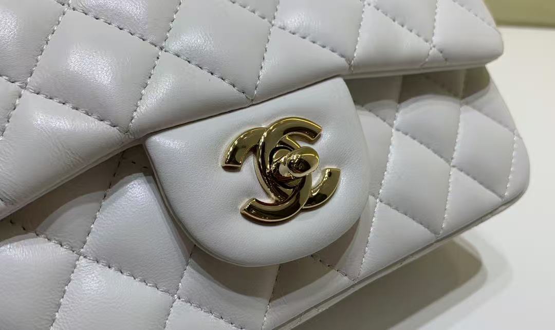 Classic Flap Mini Rectangular Bag (A35200) in White Lambskin with Gold-Tone Hardware, Timeless Classic Line - Mocuir
