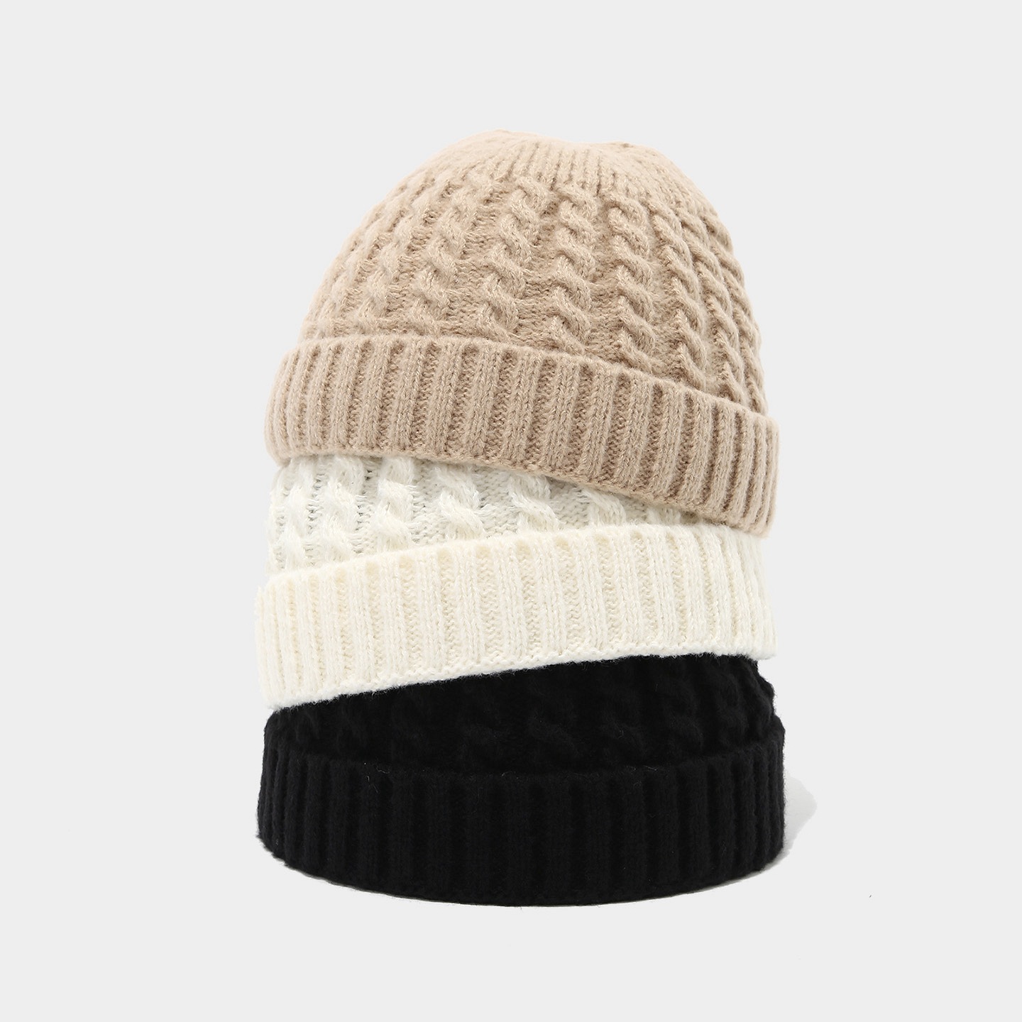 Men's Beige Cable Knit Keep Warm Winter Beanie Hat