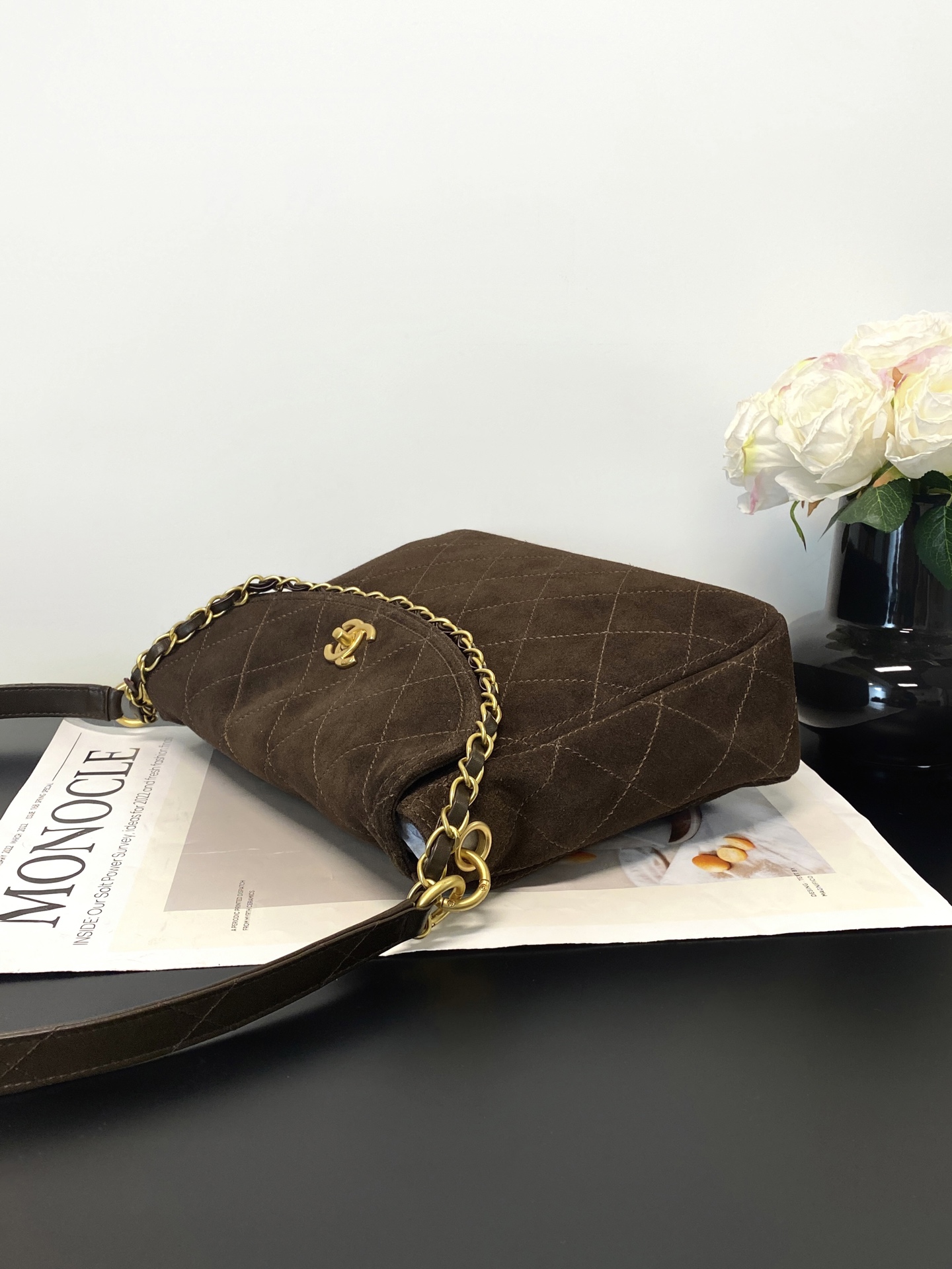26C Hobo Flap Bag in Dark Brown Suede Calfskin with Gold Hardware (Model AS5886) - Mocuir