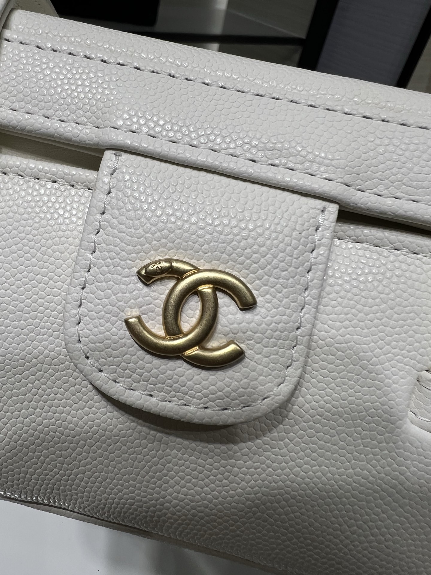 26P Preppy Coco White Quilted Caviar Leather Long Vanity Handbag with Gold-Tone Hardware - Mocuir