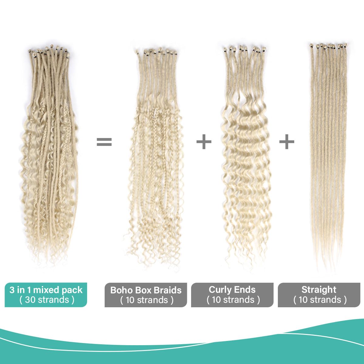 24 Inch 3 In 1 SE Dreadlock Extensions Sets, 30 Strands Mixed 613 Blonde Synthetic SE Dreads Extensions, 100% Handmade Soft Single Ended Curly Boho Wavy Dreads for Girls