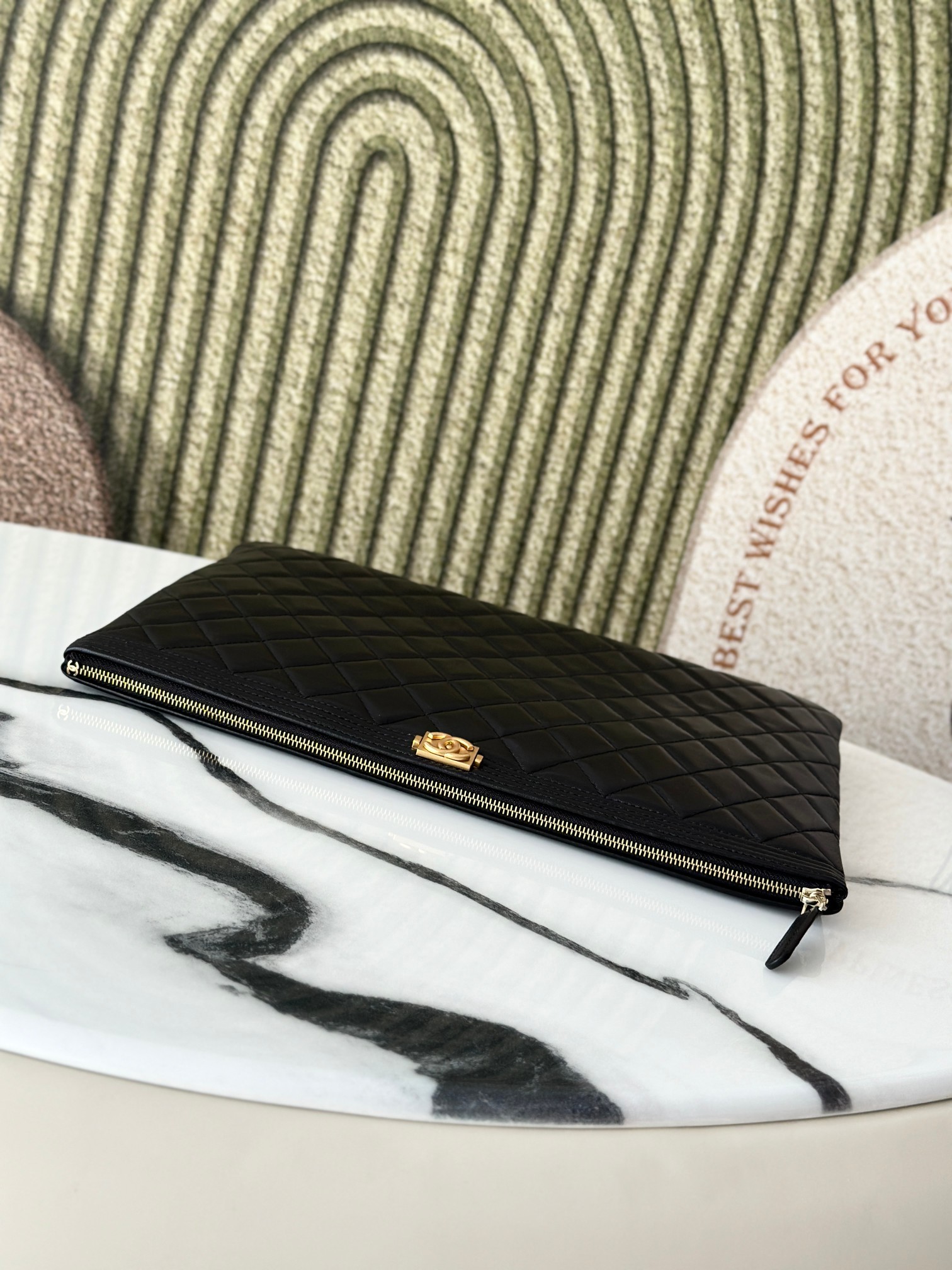 Le Boy Large Quilted Caviar Leather Clutch Document Case in Black with Gold-Tone Hardware - Mocuir