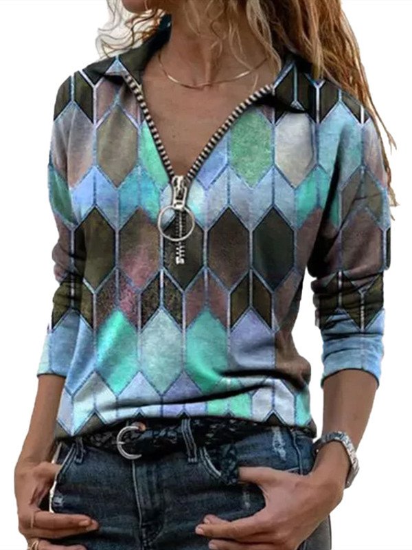 Women Fashion Simple Shawl collar Geometric Shift Shirt